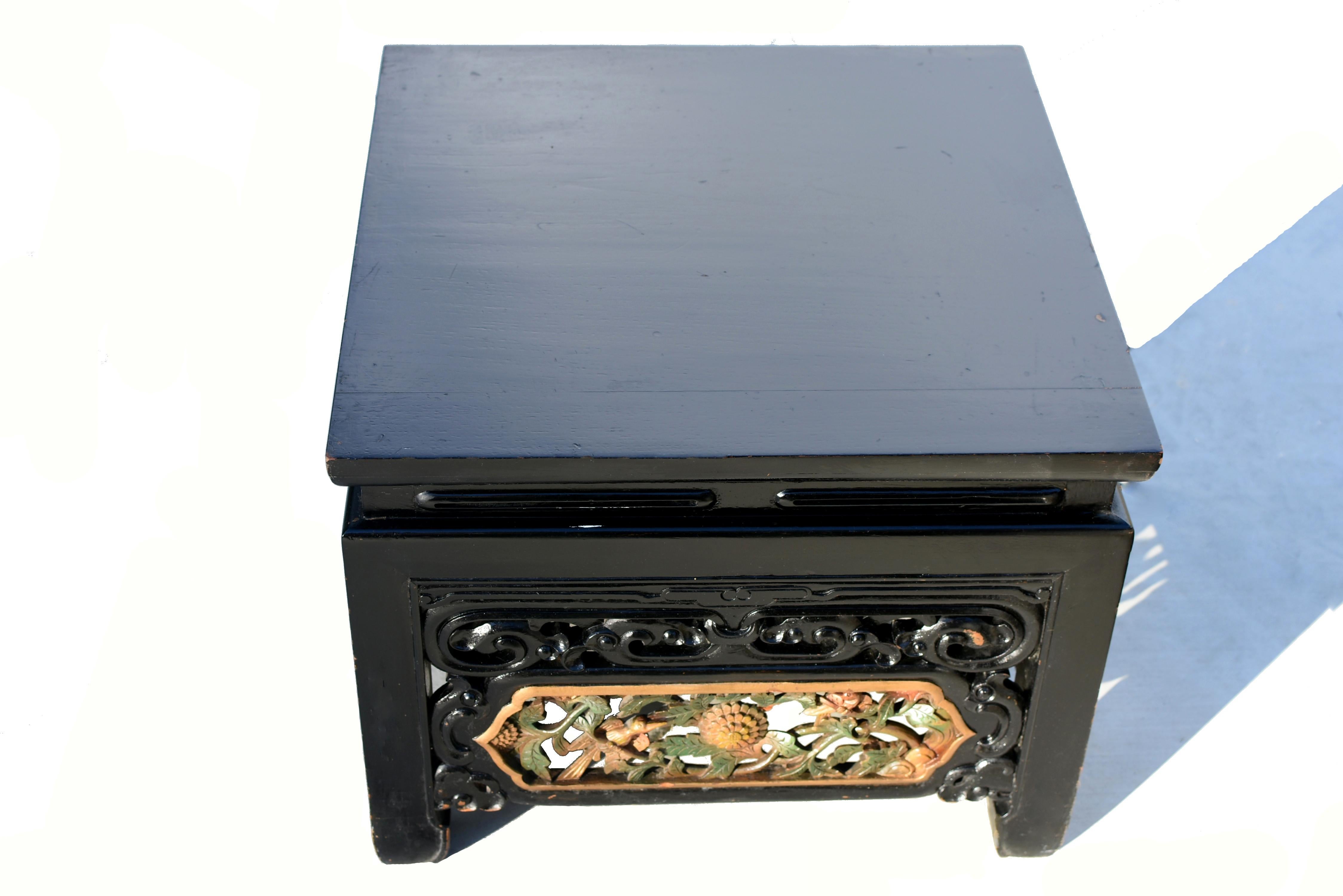 Pair Black Lacquered Fully Carved Low Tables In Good Condition For Sale In Somis, CA