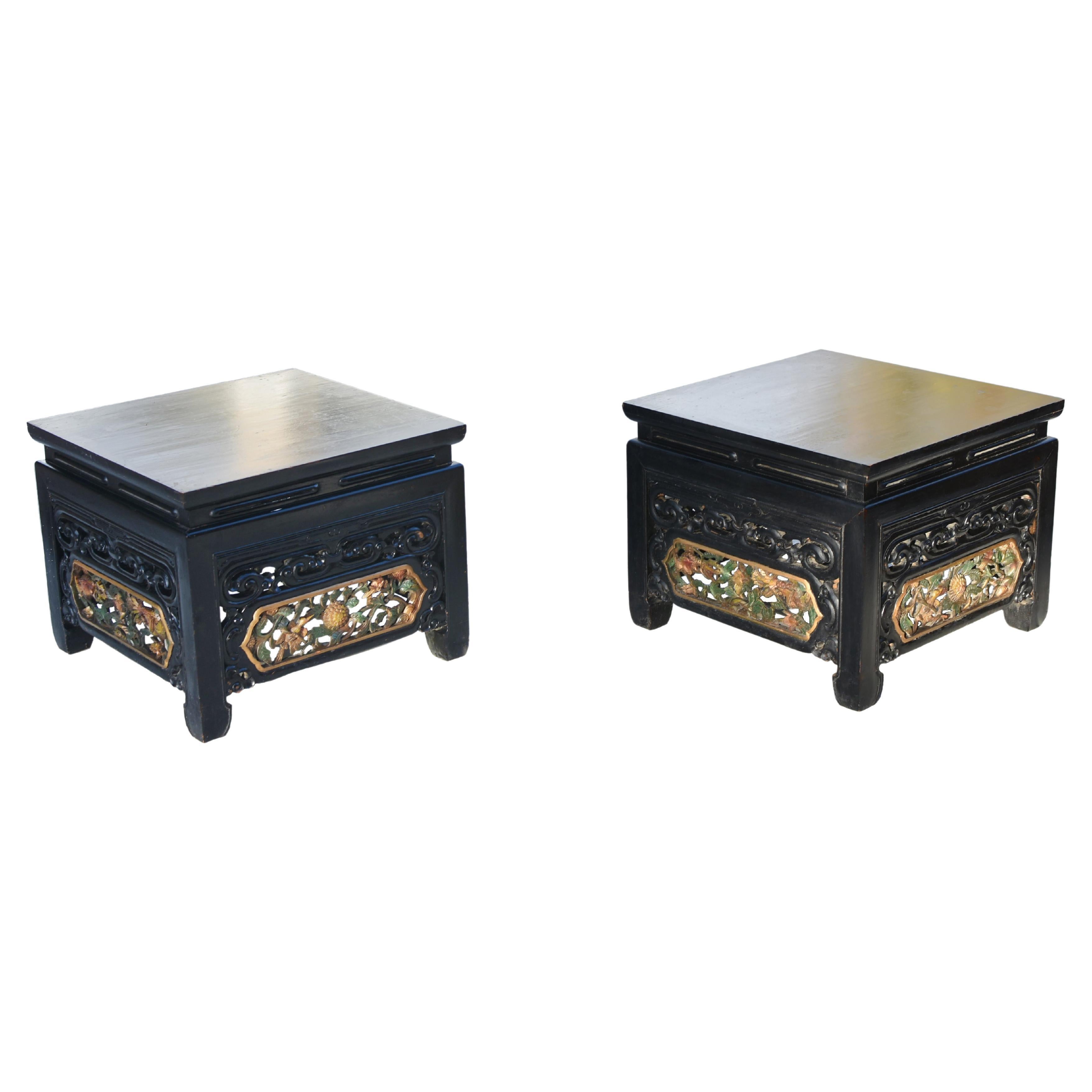 Pair Black Lacquered Fully Carved Low Tables