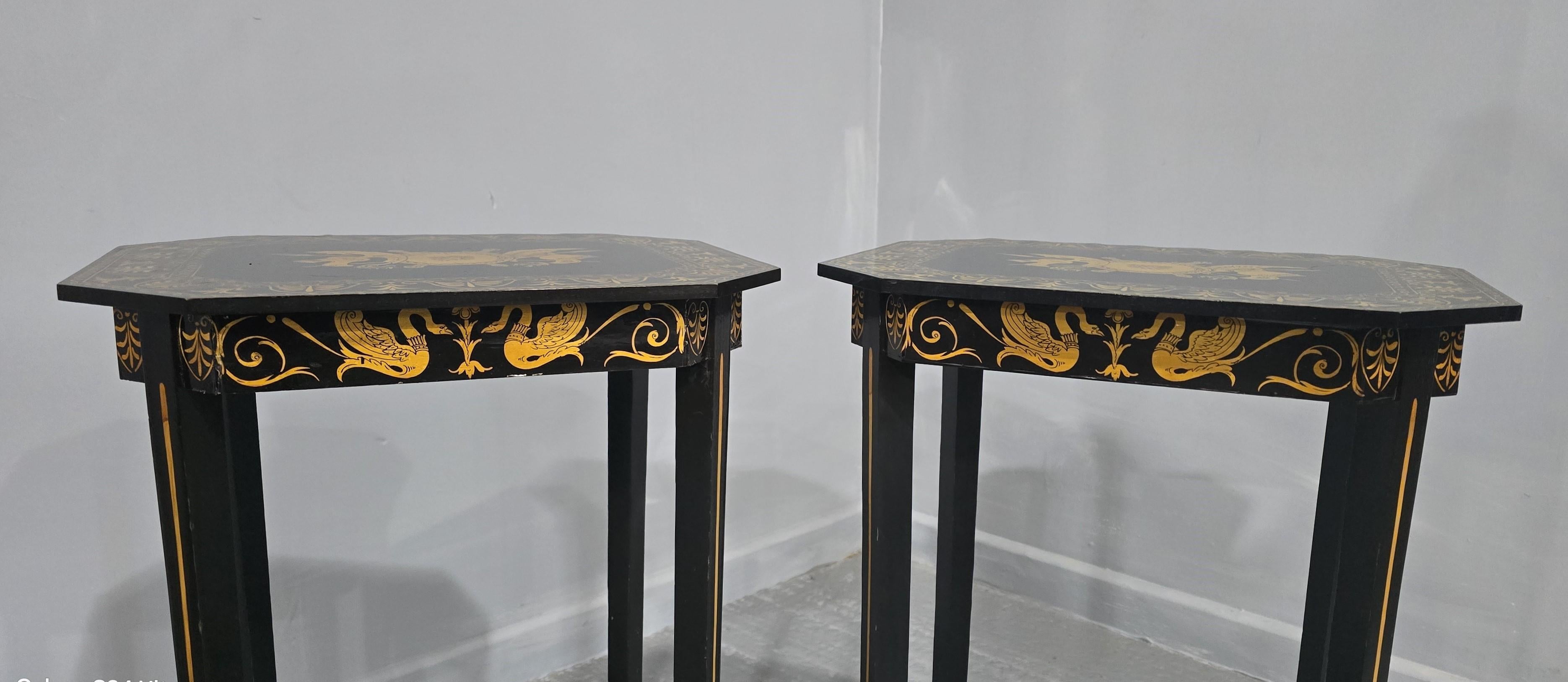 Chinoiserie Pair Black Laquered Lamp  Tables For Sale