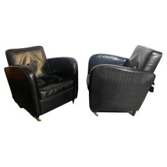 Pair Black Leather Art Deco Style, Streamline Lounge Chairs Stone International