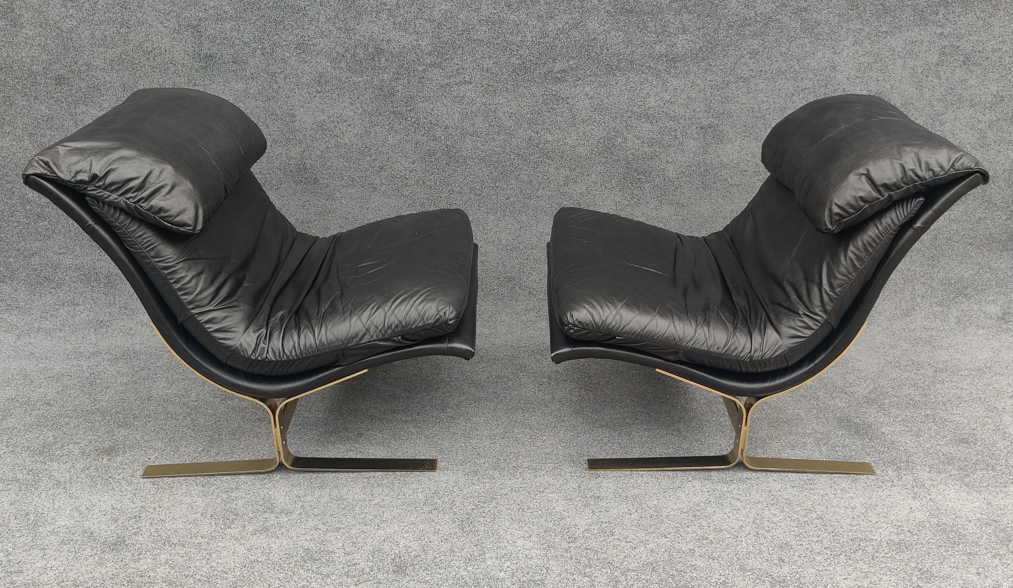 American Pair Black Leather & Brass Plated Steel Lounge Chairs Style of Saporiti by Lane For Sale
