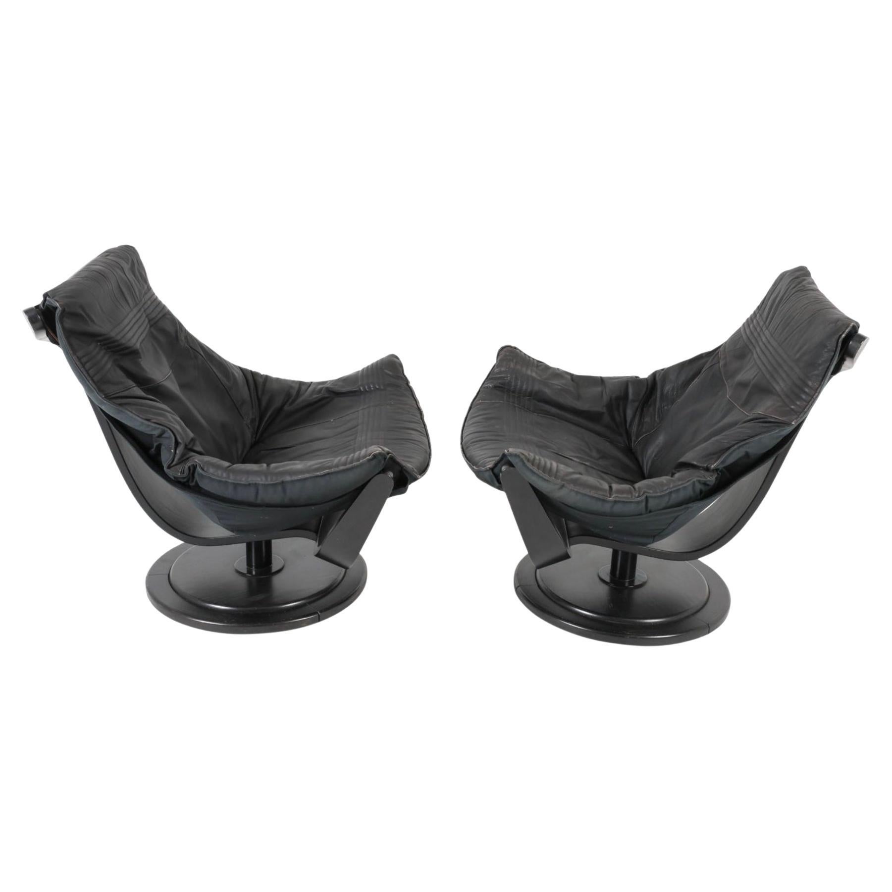 Pair Black Leather Flight High Chairs by Takeshita Okamura & Erik Marquardsen