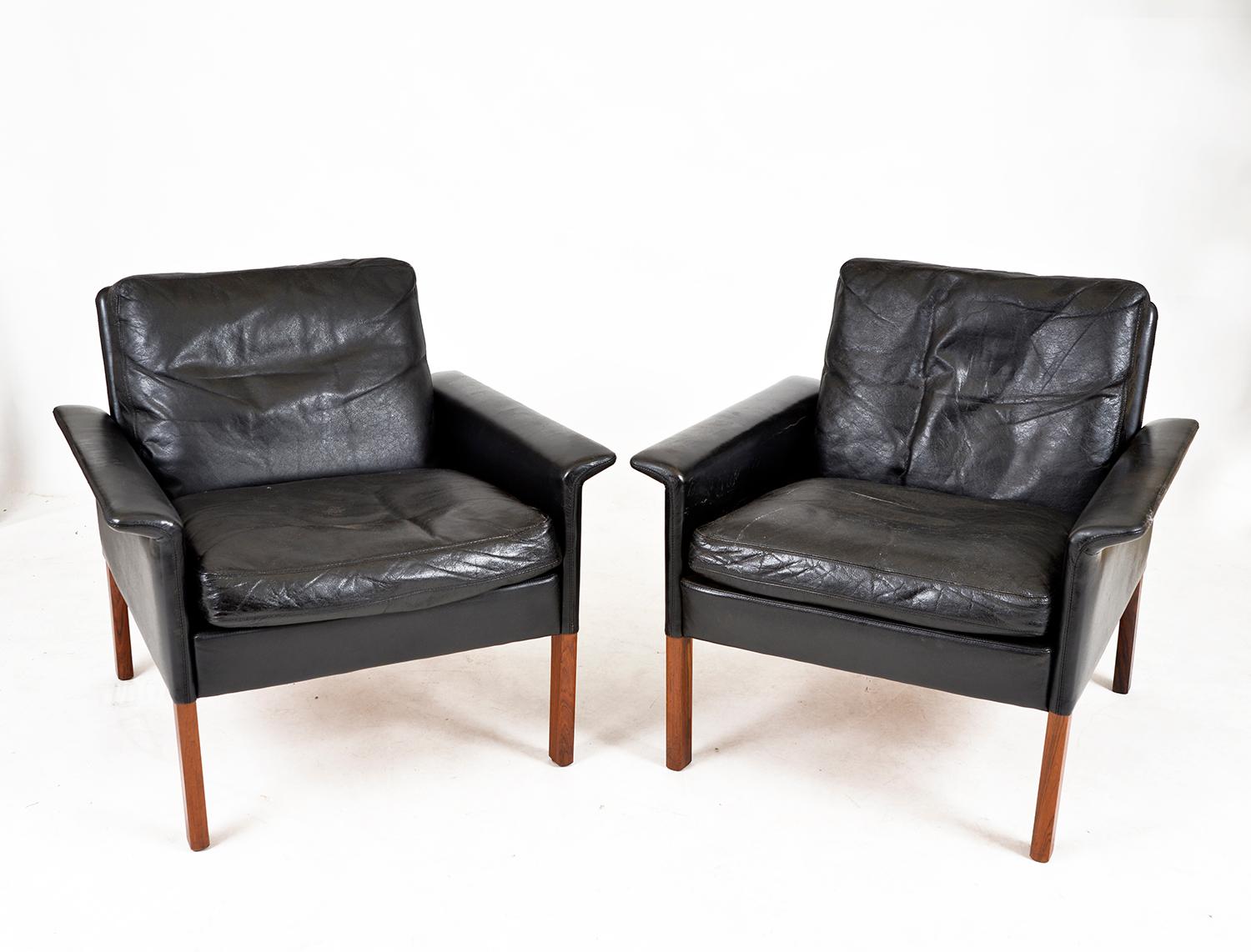 Scandinavian Modern Pair Black Leather Lounge Chairs Model 500 by Hans Olsen CS Møbler Denmark 1960s