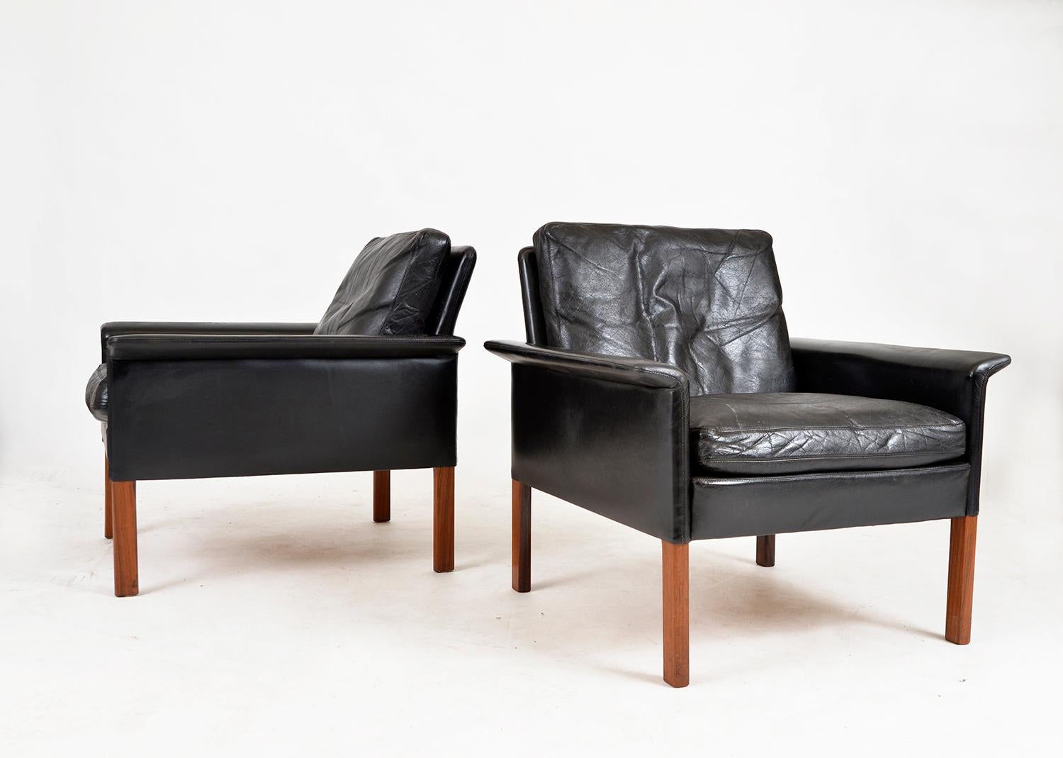 Danish Pair Black Leather Lounge Chairs Model 500 by Hans Olsen CS Møbler Denmark 1960s