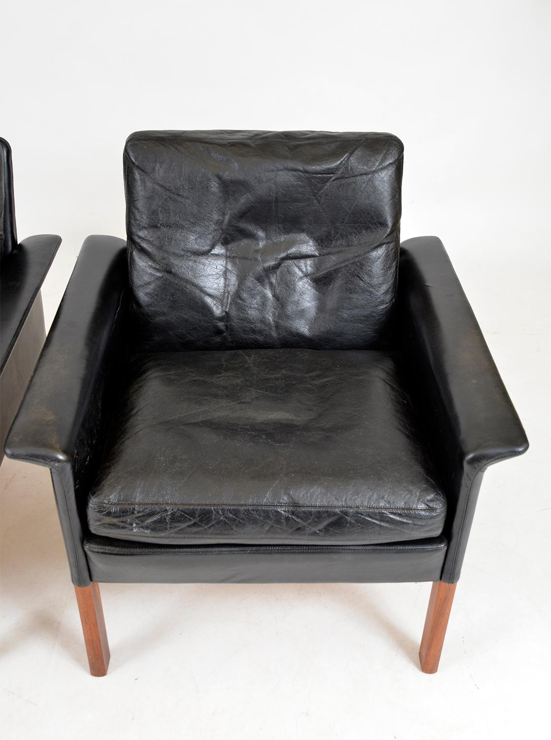Pair Black Leather Lounge Chairs Model 500 by Hans Olsen CS Møbler Denmark 1960s 2
