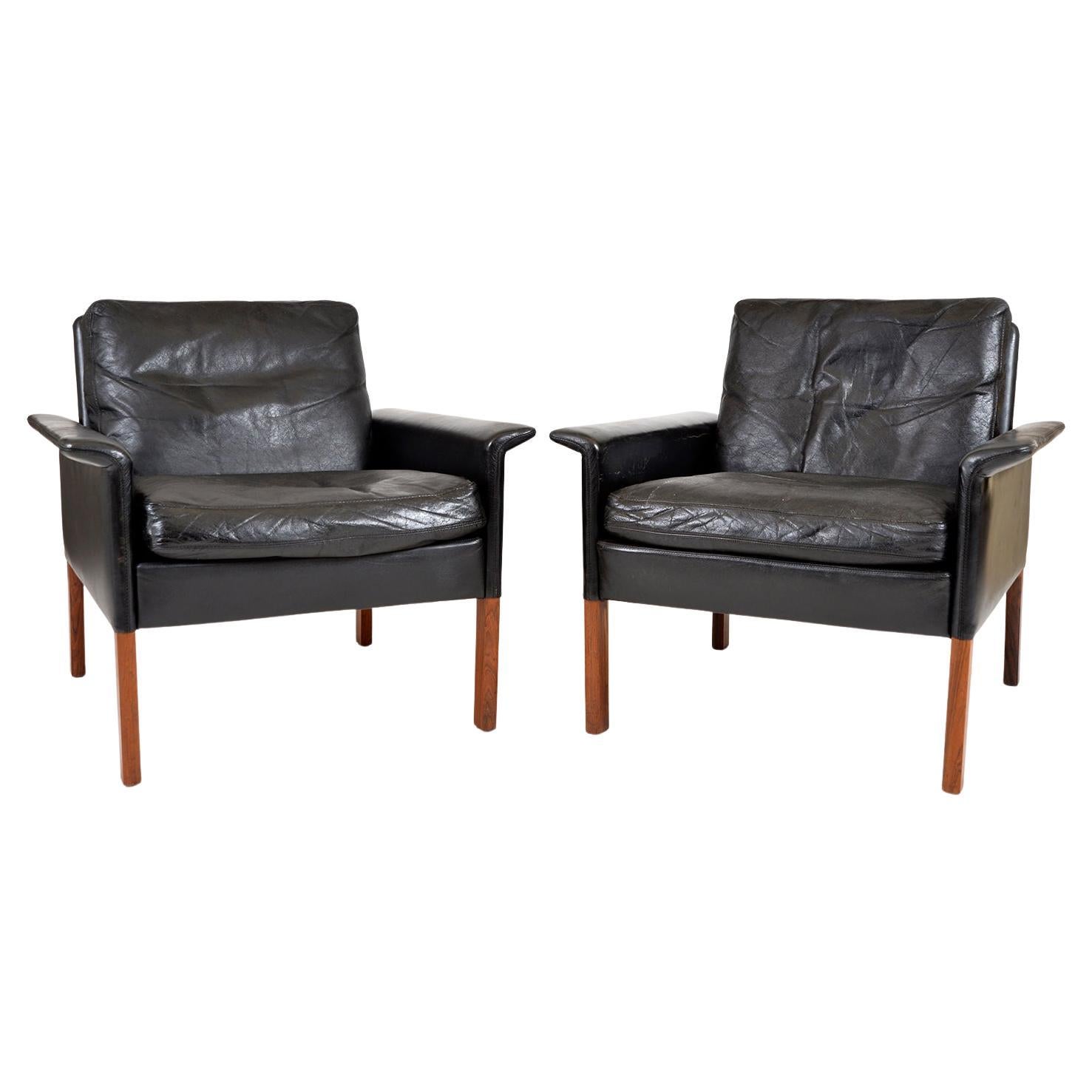 Pair Black Leather Lounge Chairs Model 500 by Hans Olsen CS Møbler Denmark 1960s