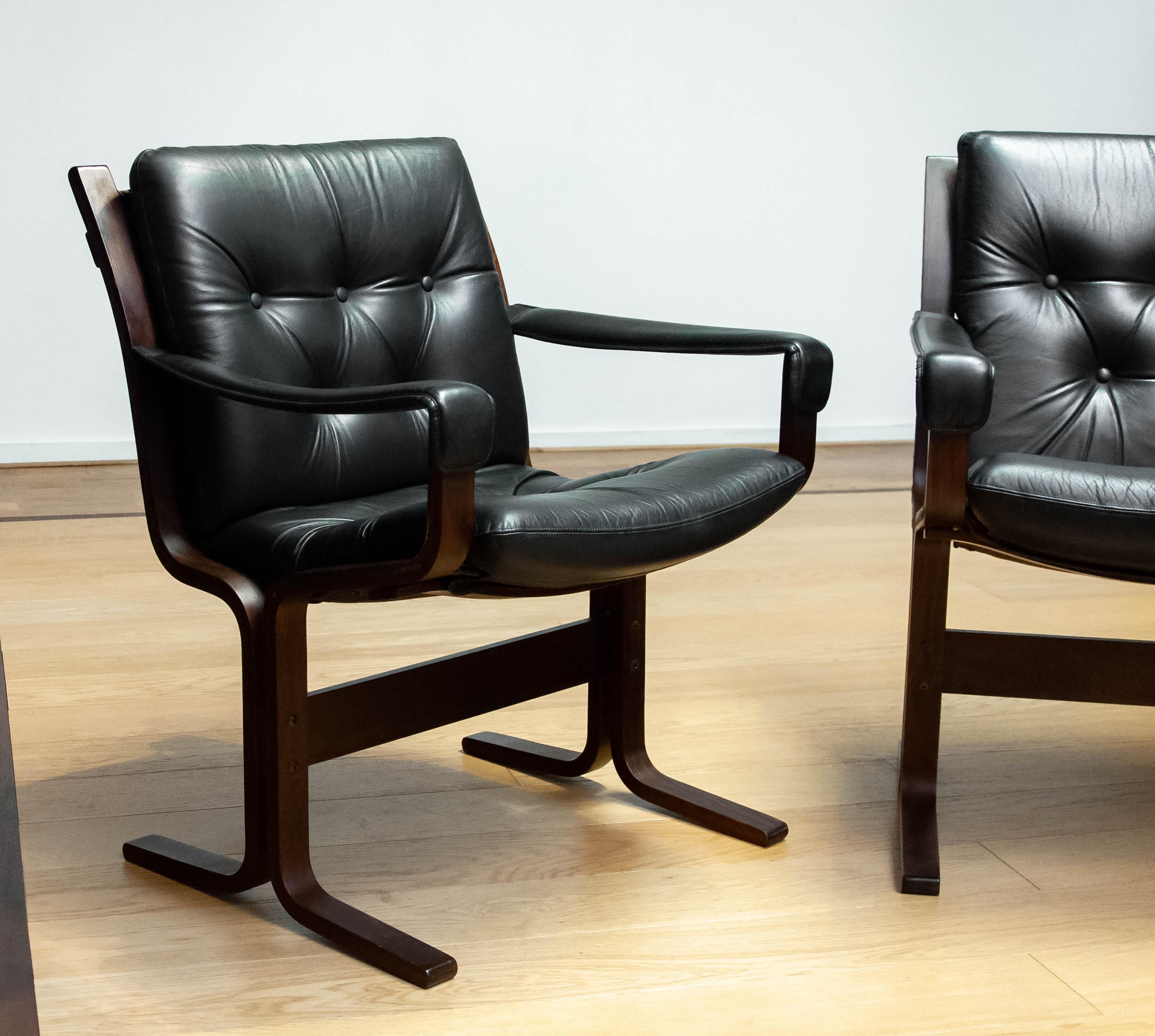 Pair Black Leather Padded Model 'Siesta' Dining Office Chairs By Ingmar Relling For Sale 4