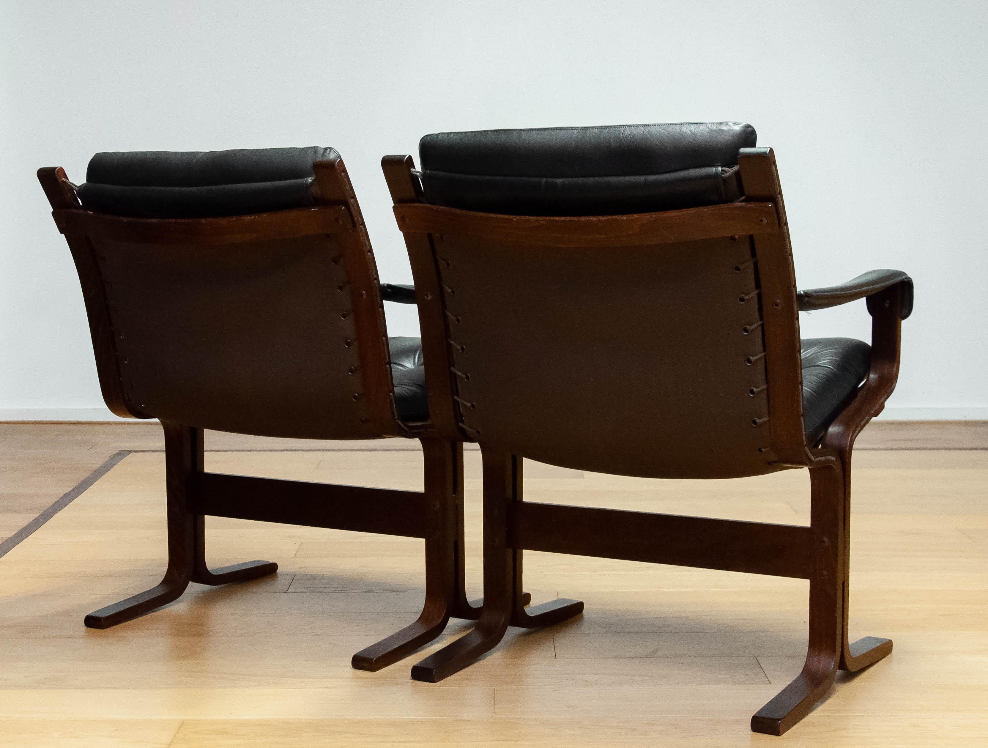 Pair Black Leather Padded Model 'Siesta' Dining Office Chairs By Ingmar Relling For Sale 1