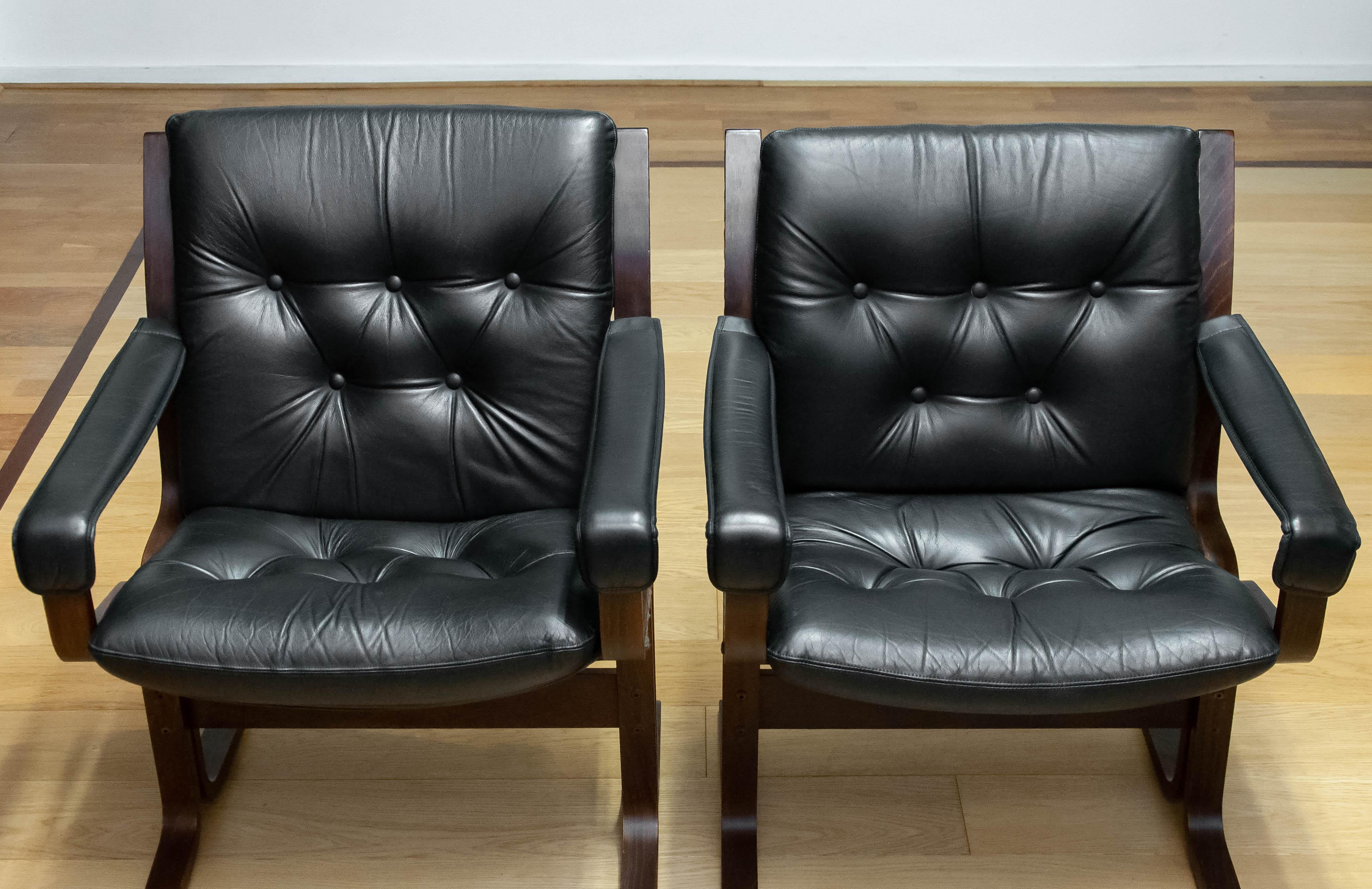 Pair Black Leather Padded Model 'Siesta' Dining Office Chairs By Ingmar Relling For Sale 3