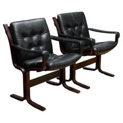 Pair Black Leather Padded Model 'Siesta' Dining Office Chairs By Ingmar Relling
