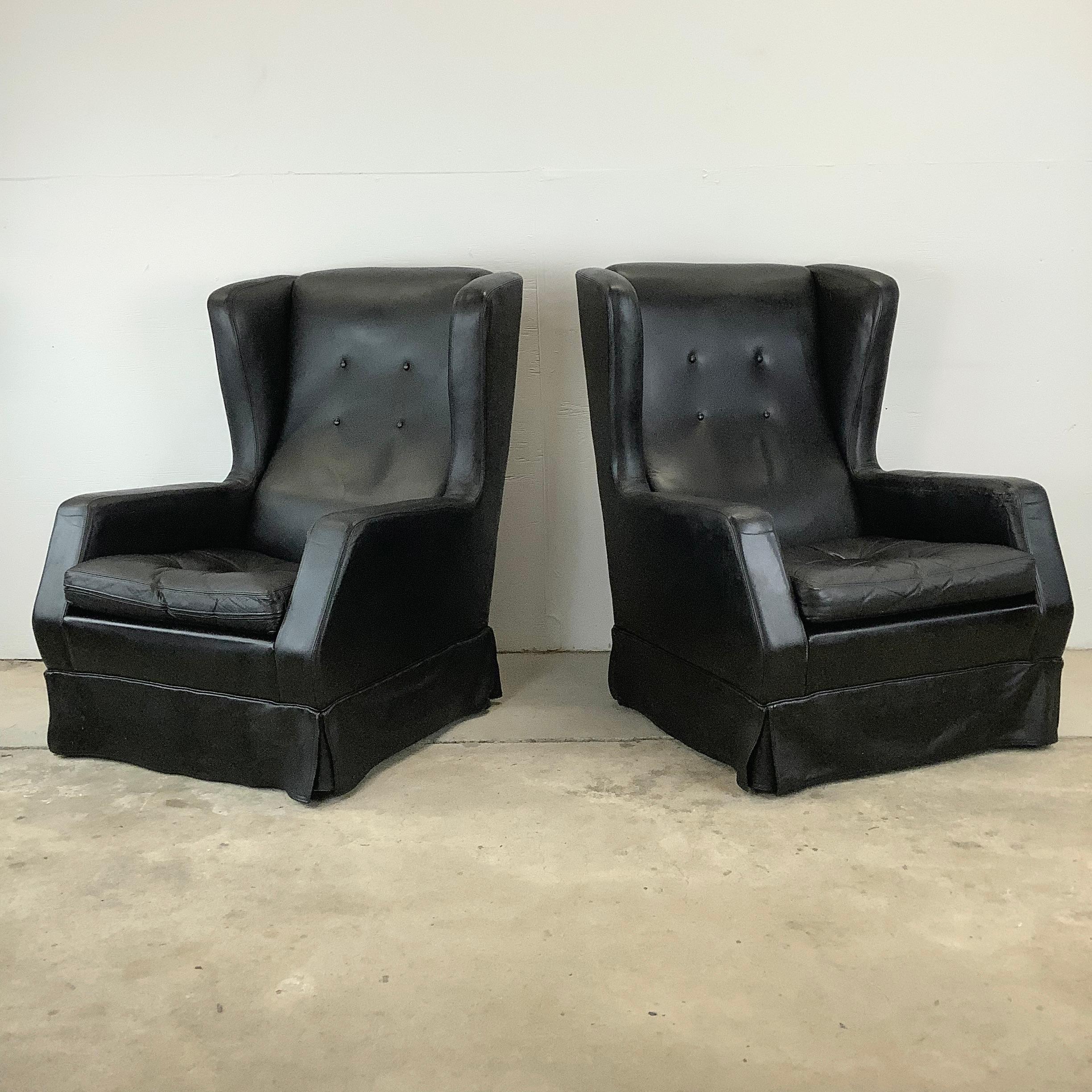 Scandinavian Modern Pair Black Leather Wingback Armchairs With ottoman- Theo Ruth for artifort For Sale
