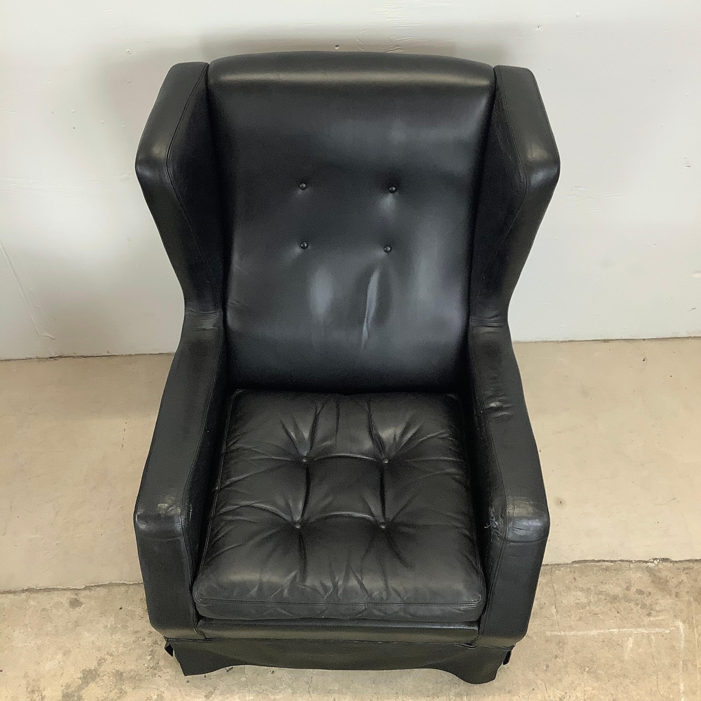 Pair Black Leather Wingback Armchairs With ottoman- Theo Ruth for artifort For Sale 1