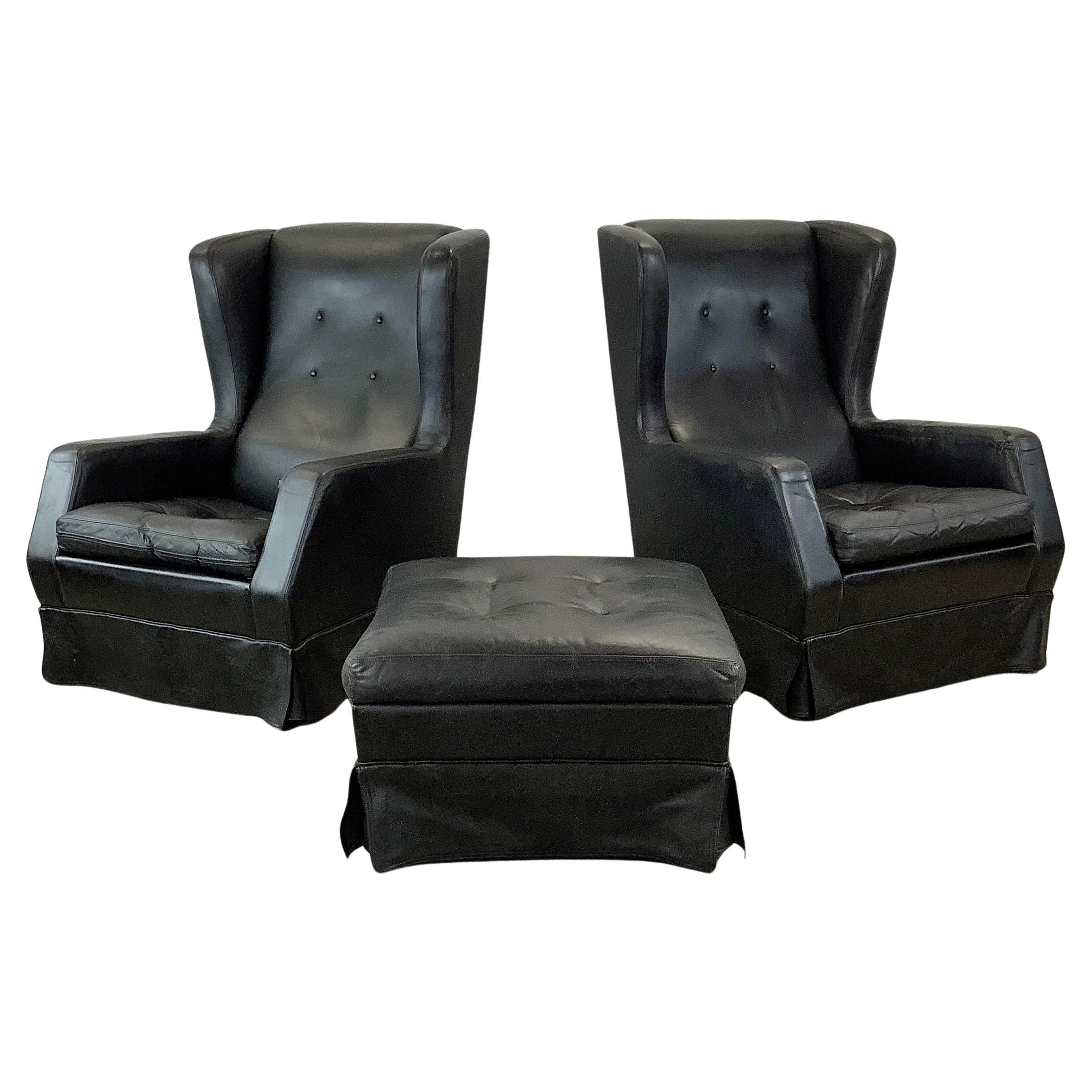 Pair Black Leather Wingback Armchairs With ottoman- Theo Ruth for artifort For Sale