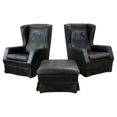 Pair Black Leather Wingback Armchairs With ottoman- Theo Ruth for artifort