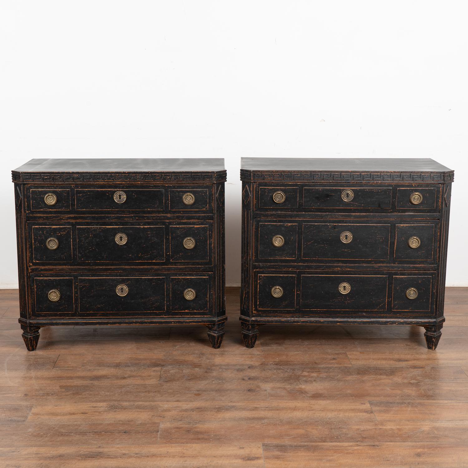 Gustavian Pair, Black Painted Chest of Three Drawers, Sweden circa 1860-90 For Sale
