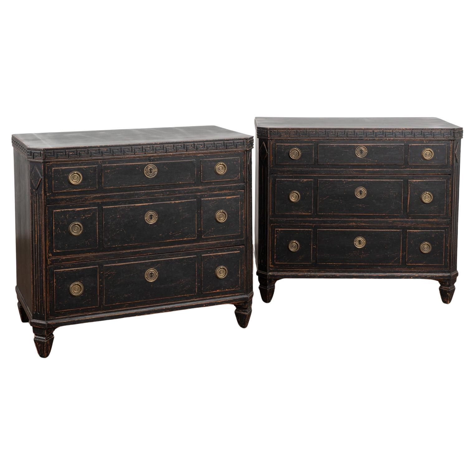 Pair, Black Painted Chest of Three Drawers, Sweden circa 1860-90 For Sale