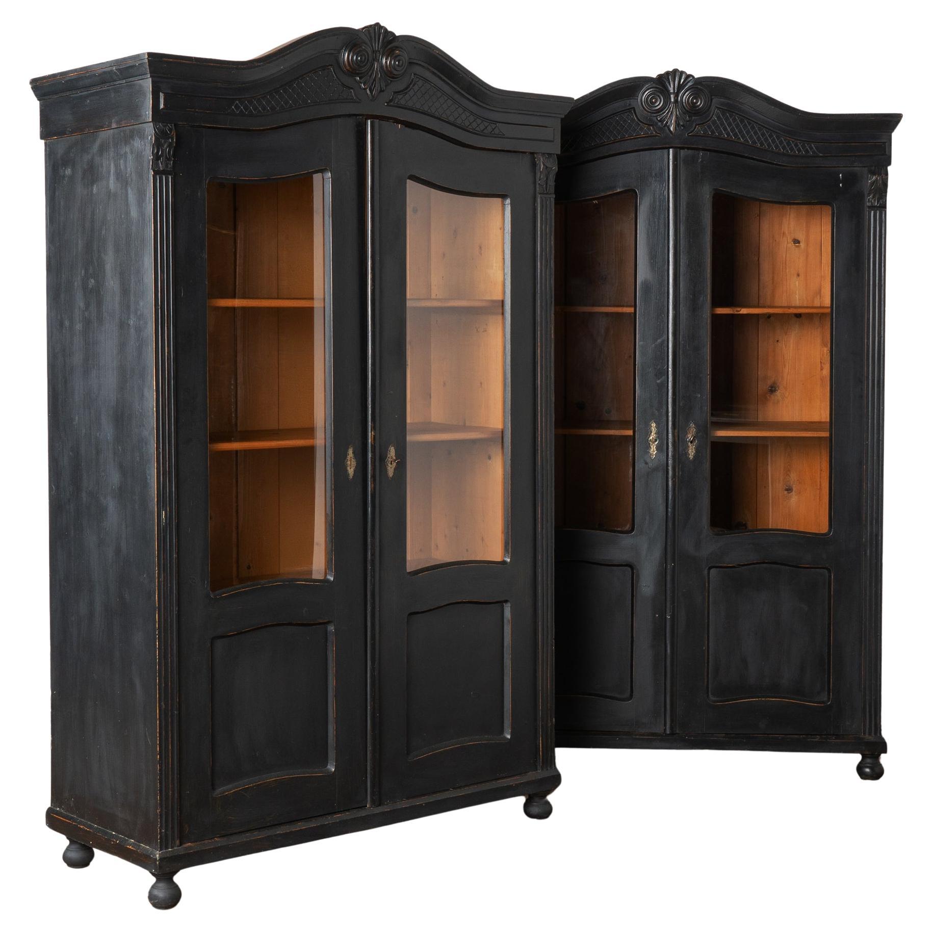 Pair, Black Painted Pine Bookcases Display Cabinets, Hungary circa 1890