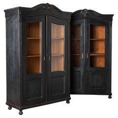 Antique Pair, Black Painted Pine Bookcases Display Cabinets, Hungary circa 1890