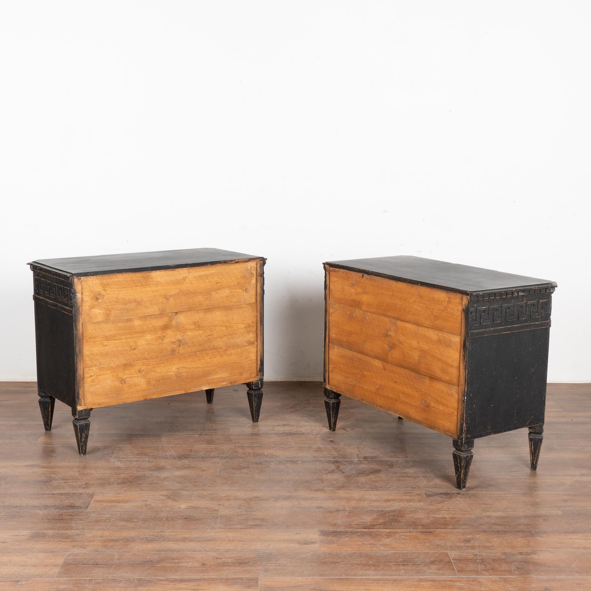 Pair, Black Painted Pine Chest of 3 Drawers with Greek Key, Sweden circa 1840-60 5