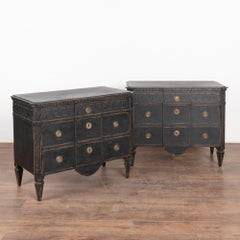 Pair, Black Painted Pine Chest of 3 Drawers with Greek Key, Sweden circa 1840-60