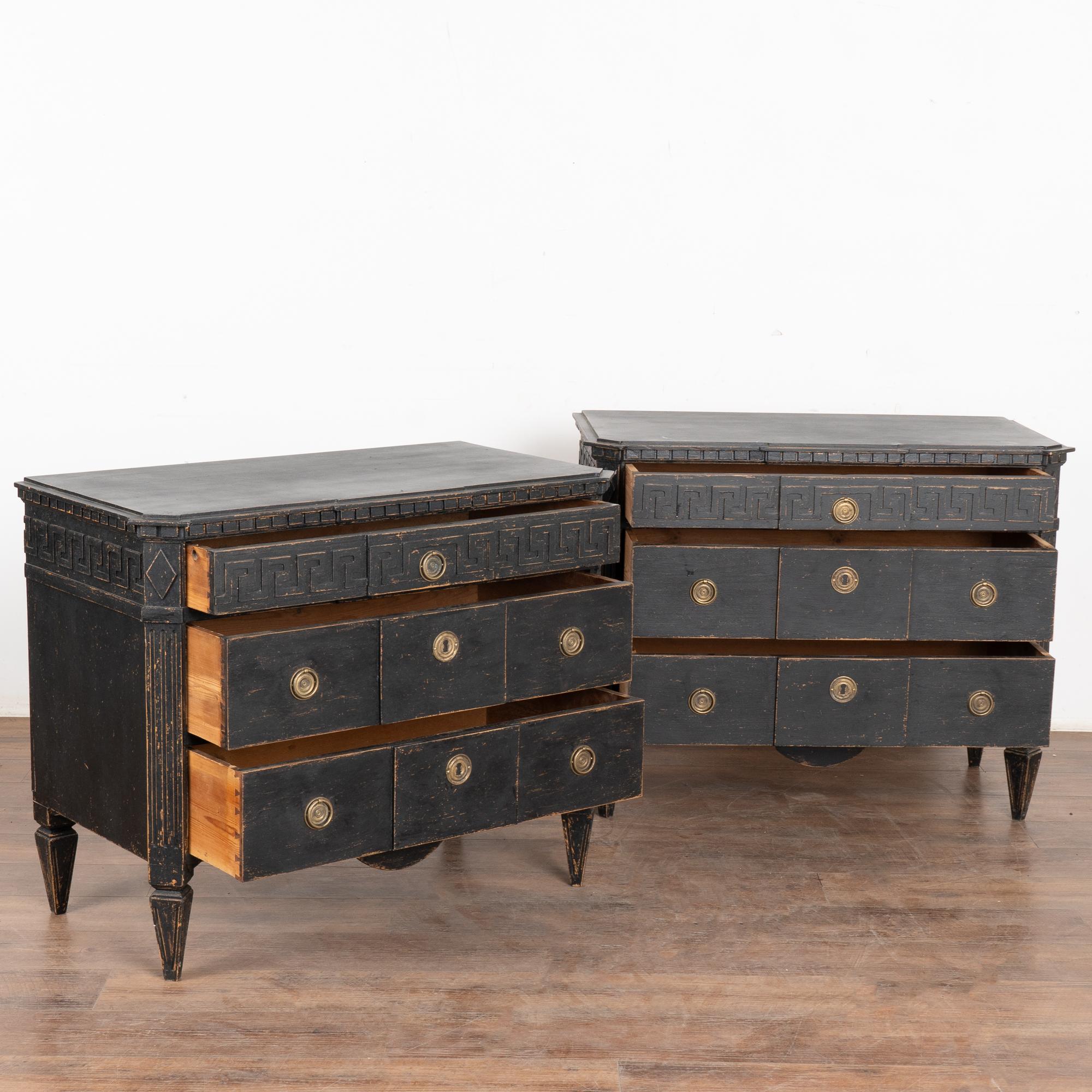Gustavian Pair, Black Painted Pine Chest of 3 Drawers with Greek Key, Sweden circa 1840-60