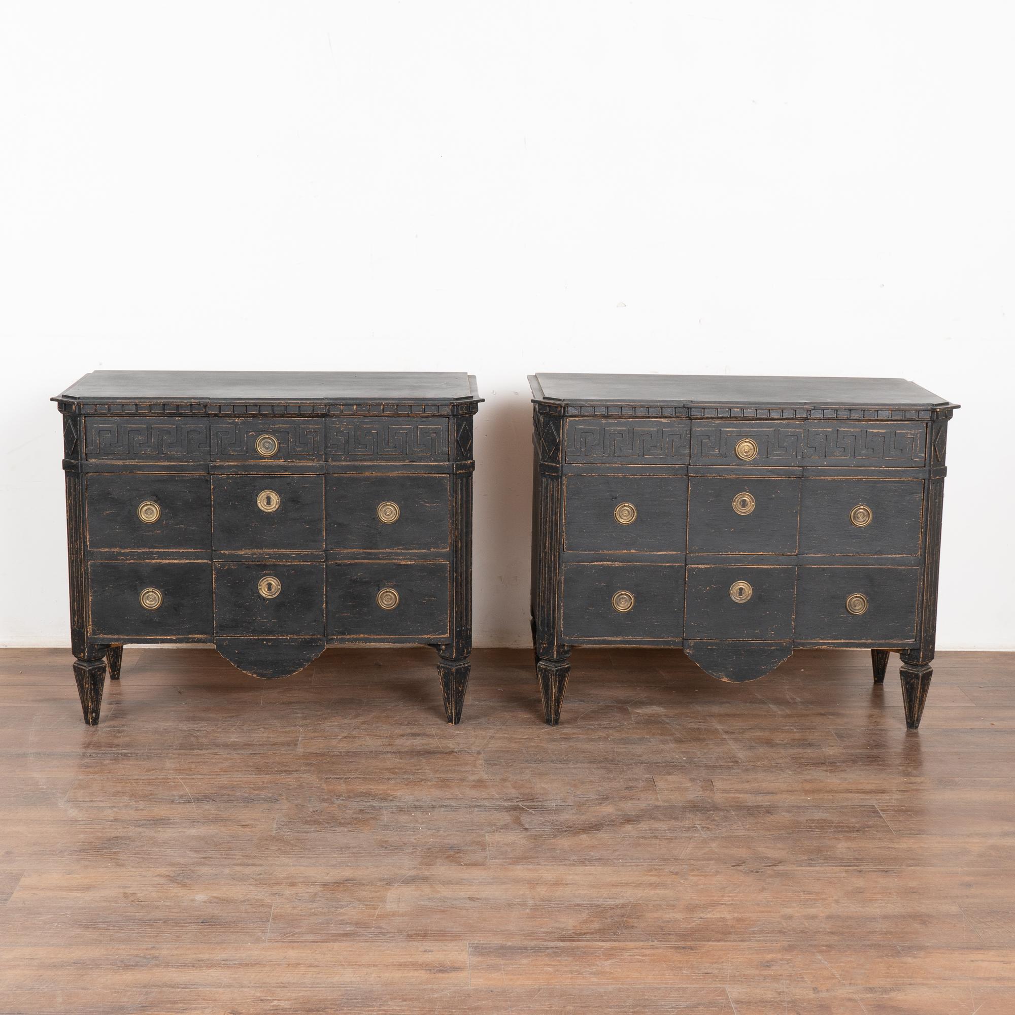 Swedish Pair, Black Painted Pine Chest of 3 Drawers with Greek Key, Sweden circa 1840-60