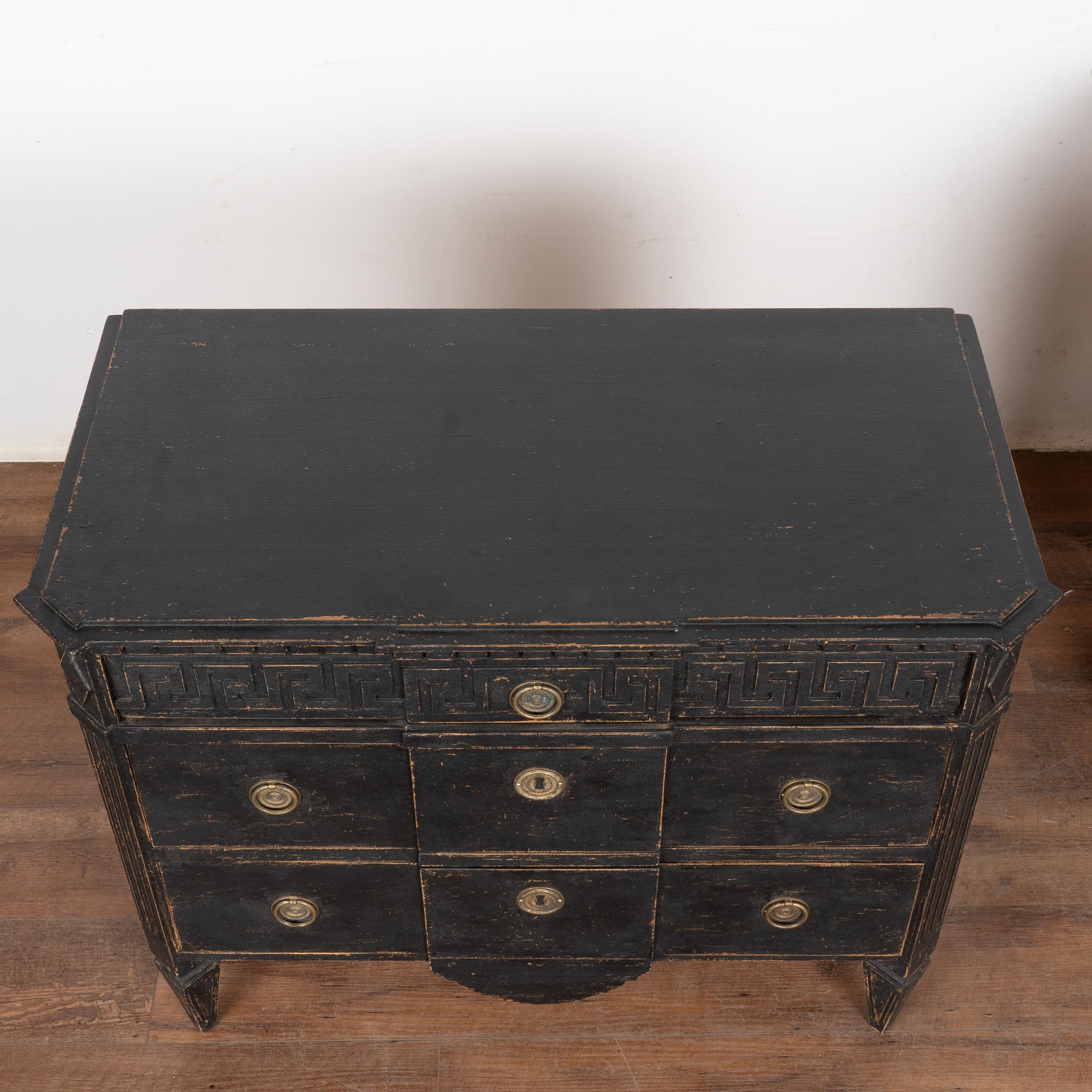 Pair, Black Painted Pine Chest of 3 Drawers with Greek Key, Sweden circa 1840-60 In Good Condition In Round Top, TX