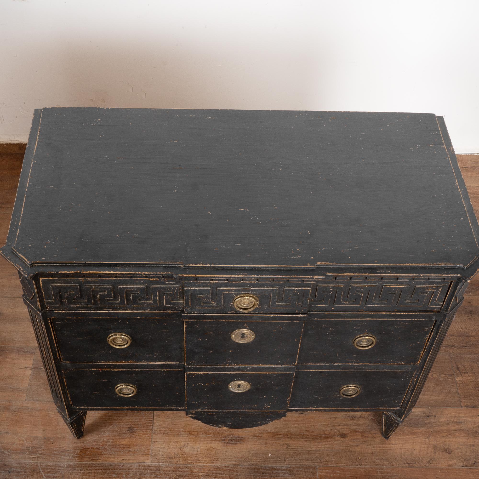 19th Century Pair, Black Painted Pine Chest of 3 Drawers with Greek Key, Sweden circa 1840-60