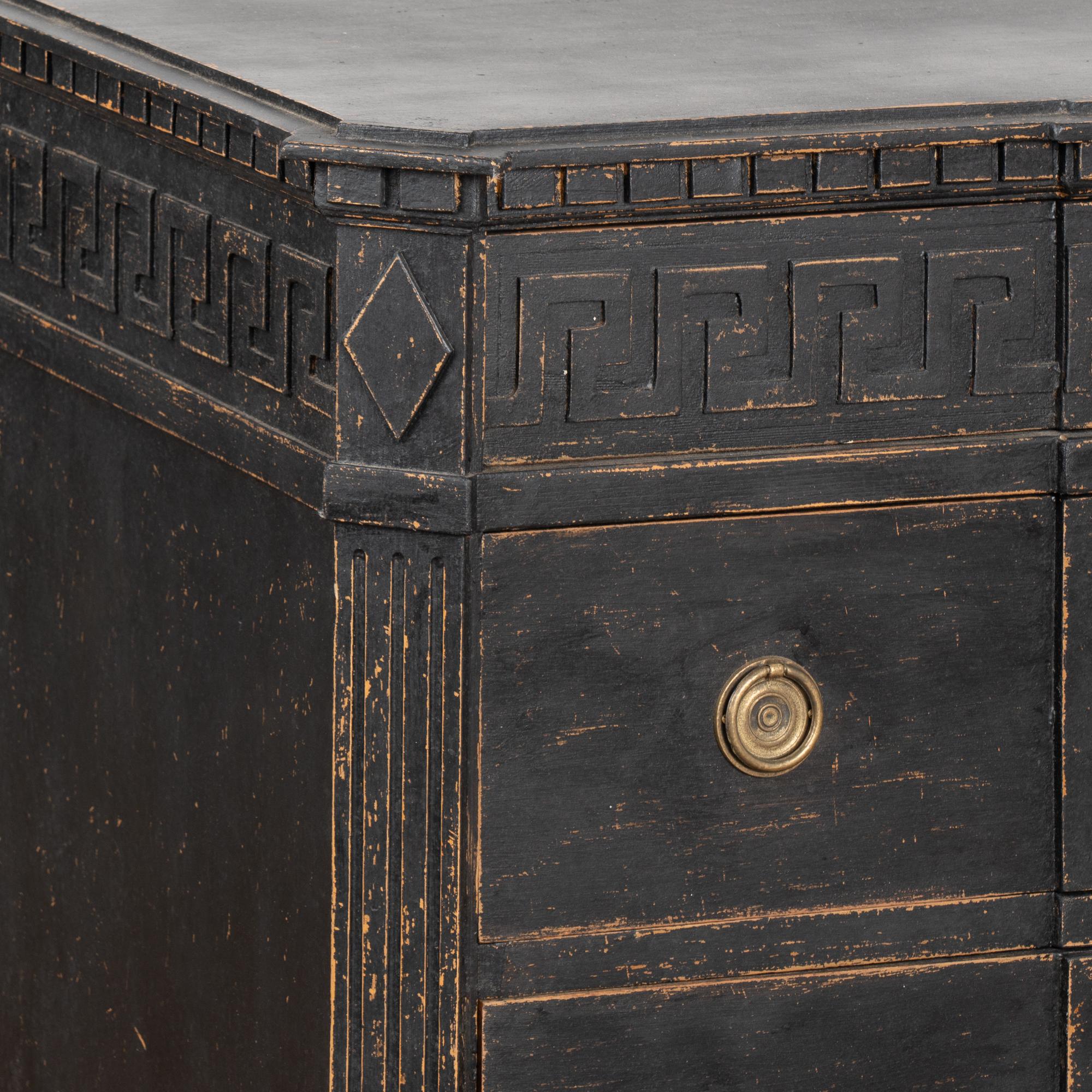 Brass Pair, Black Painted Pine Chest of 3 Drawers with Greek Key, Sweden circa 1840-60