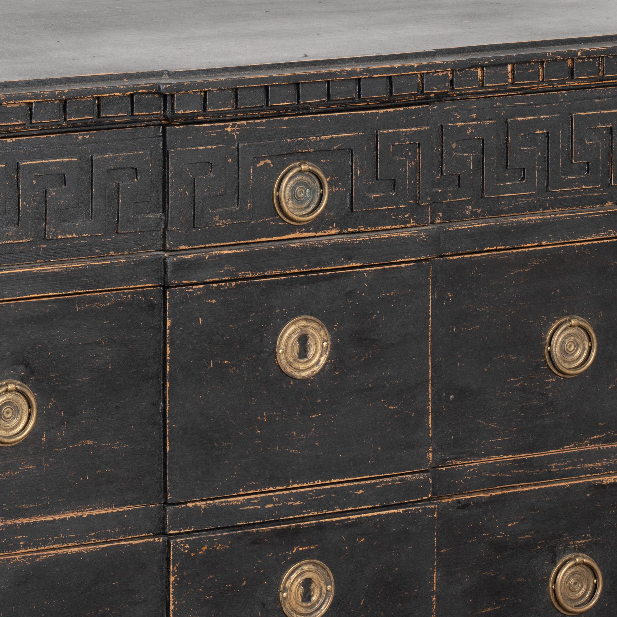 Pair, Black Painted Pine Chest of 3 Drawers with Greek Key, Sweden circa 1840-60 1