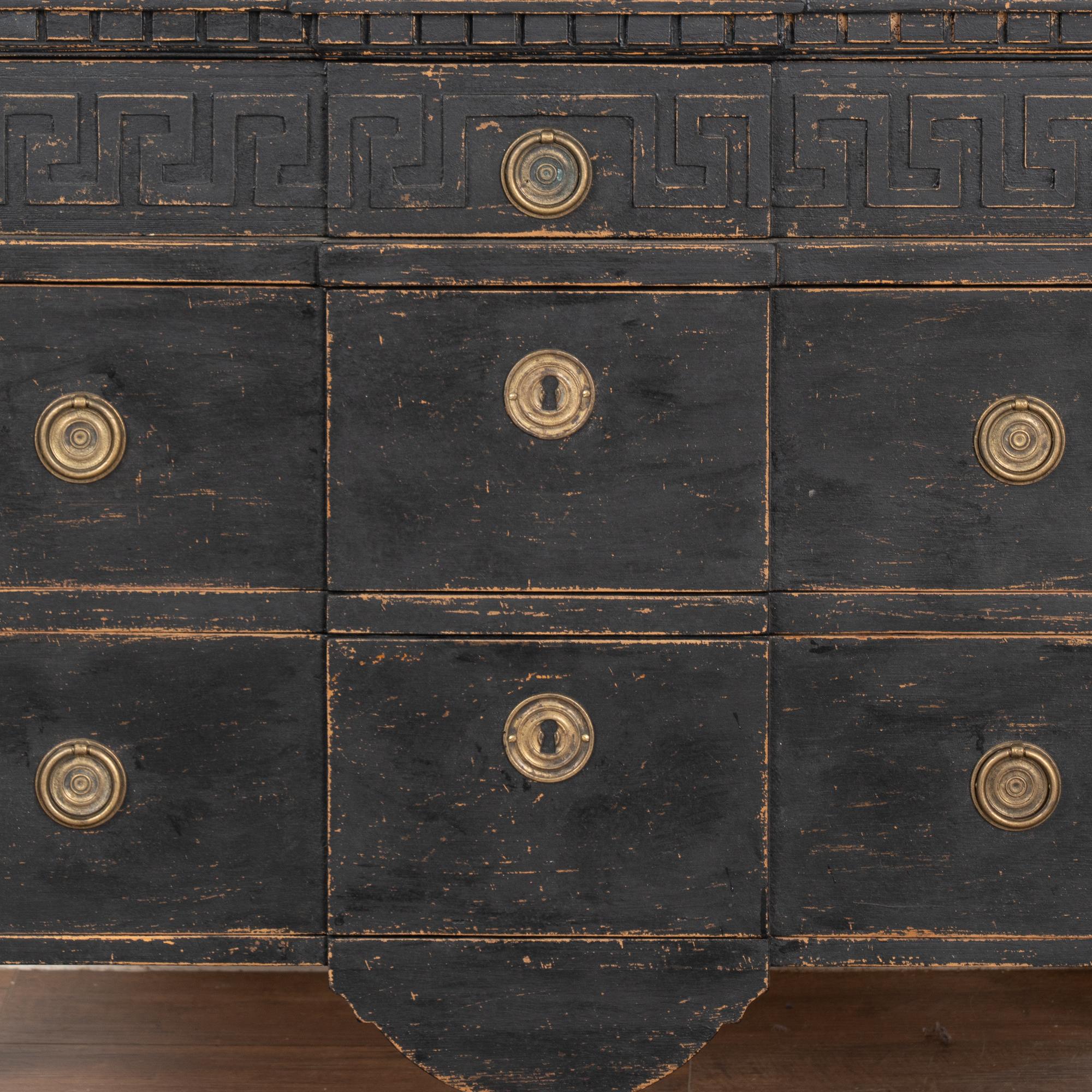 Pair, Black Painted Pine Chest of 3 Drawers with Greek Key, Sweden circa 1840-60 2