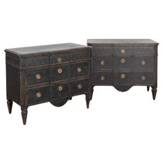 Pair, Black Painted Pine Chest of 3 Drawers with Greek Key, Sweden circa 1840-60