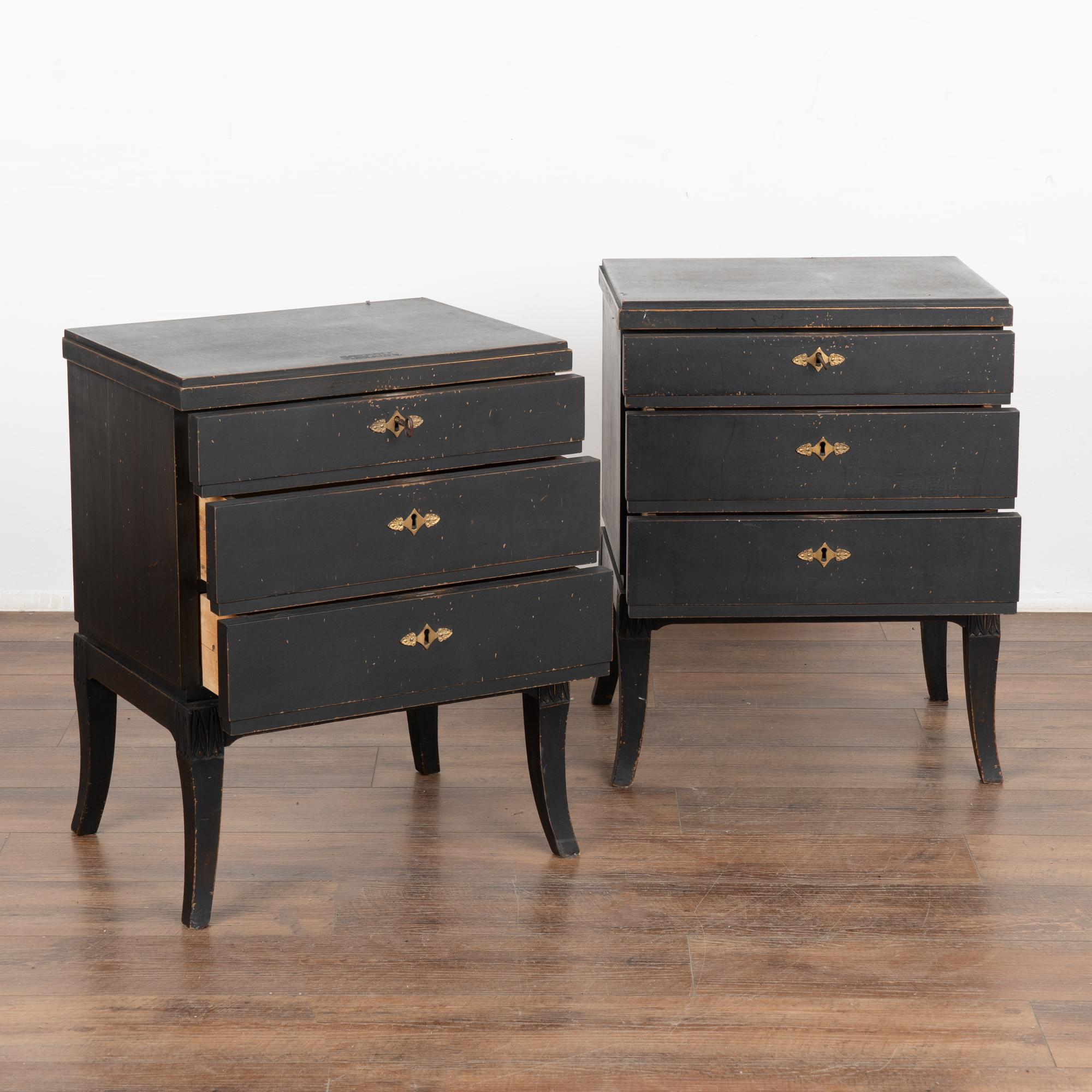 Gustavian Pair, Black Painted Pine Chest of Drawers or Nightstands, Sweden circa 1940-60