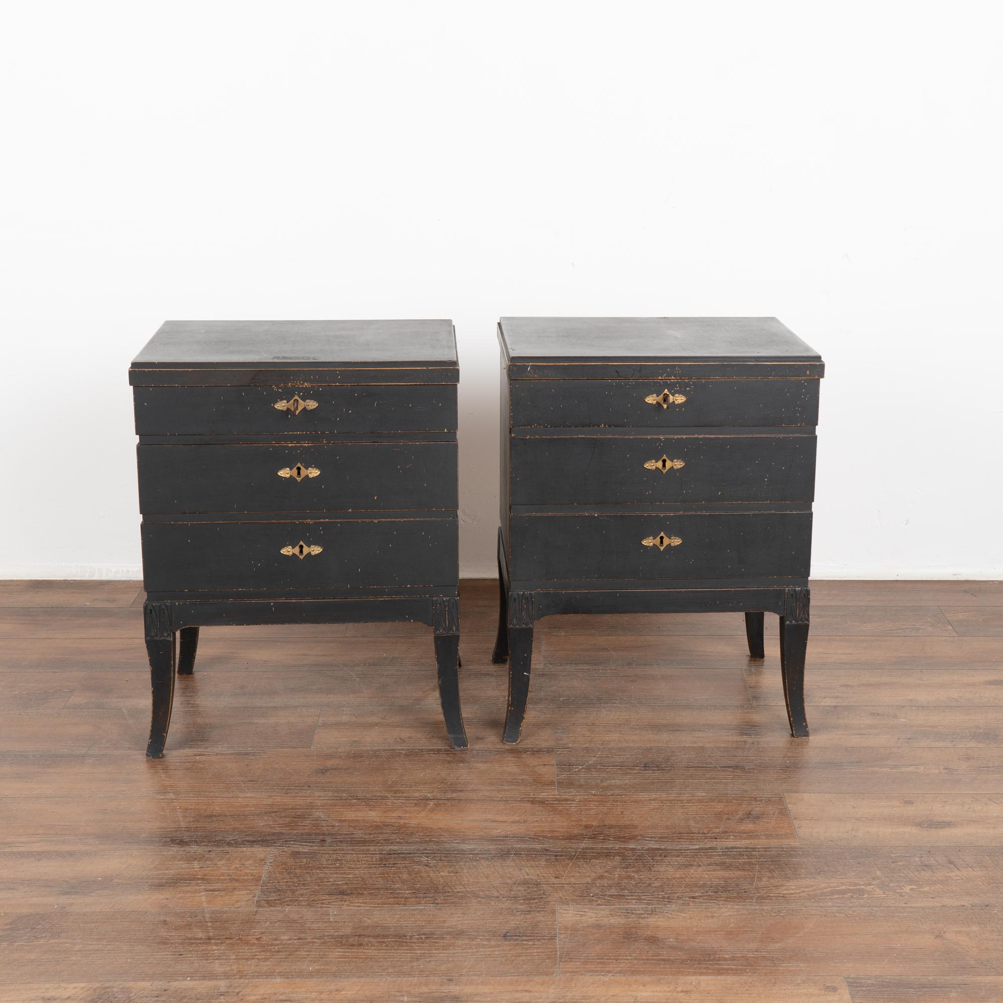 Swedish Pair, Black Painted Pine Chest of Drawers or Nightstands, Sweden circa 1940-60