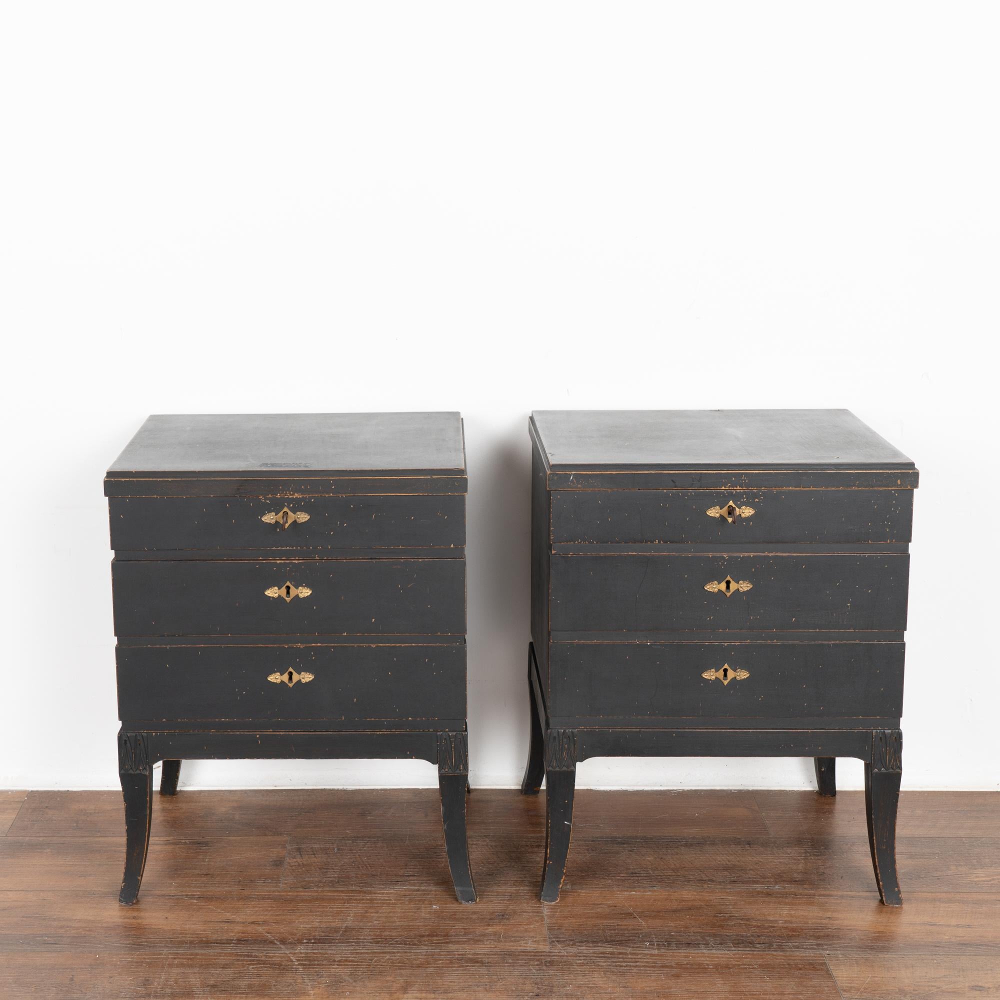 20th Century Pair, Black Painted Pine Chest of Drawers or Nightstands, Sweden circa 1940-60