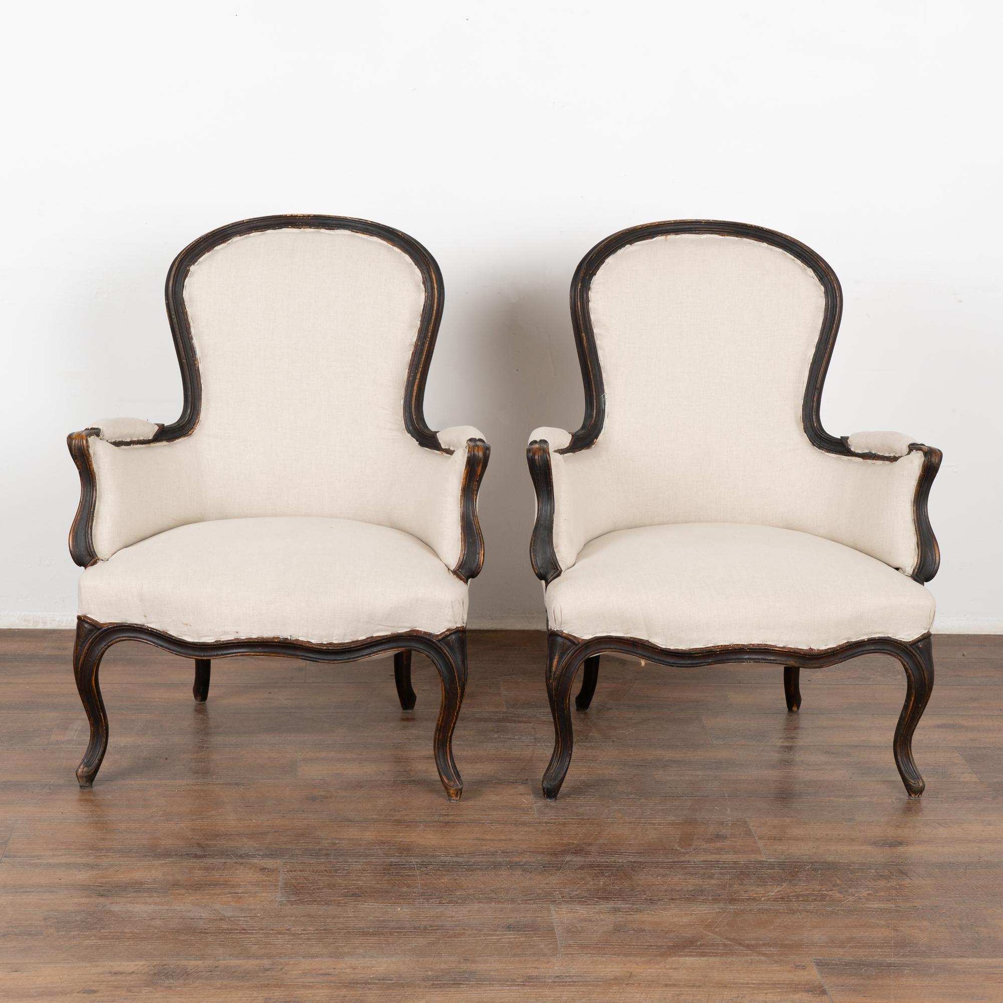 Gustavian Pair, Black Painted Swedish Arm Chairs, circa 1890 For Sale
