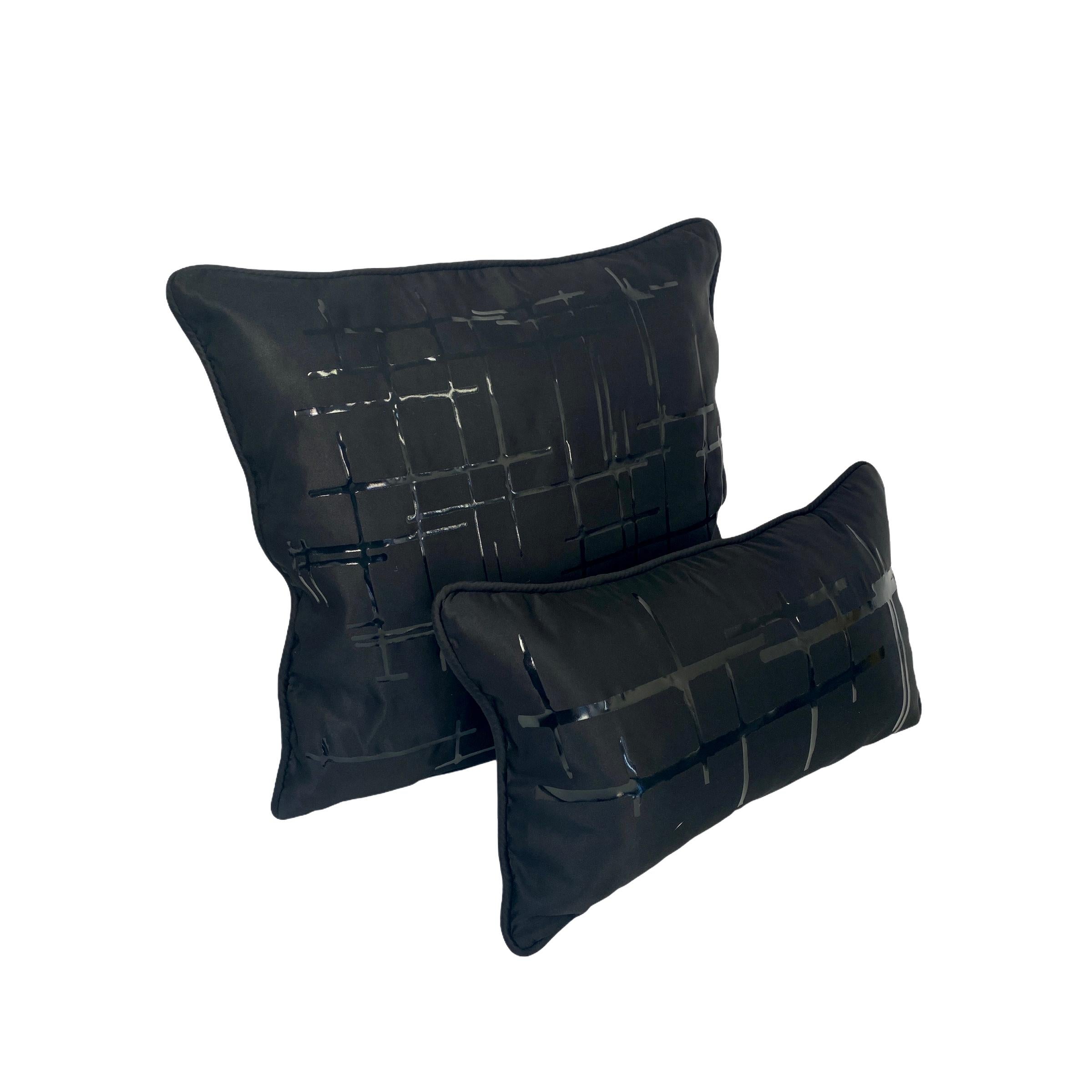 Authentic Italian silk duchesse satin pillows in midnight black. Black vinyl print inspired by modern architecture and executed in our in-house design studio in Manhattan. Large pillow: 20 x 20 in / 51 x 51 cm. Small pillow: 14 x 20 in / 35 x 51 cm.