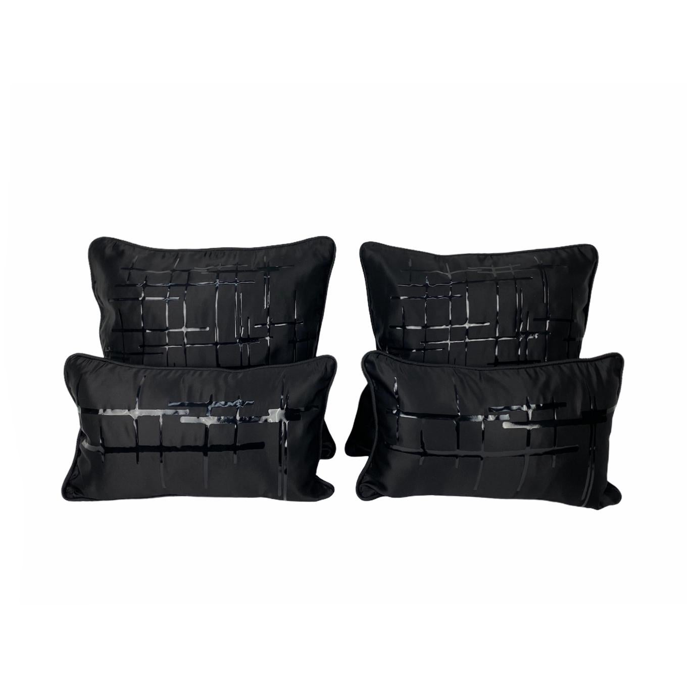 Appliqué Pair of Black Silk Duchesse Satin Criss Cross Throw Pillows For Sale