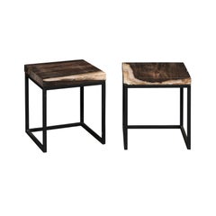 Pareja de mesas auxiliares con tapa de madera petrificada negra y bronceada y base de hierro