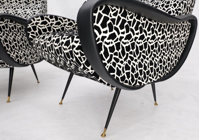 Brass Pair Black & White Pattern Fabric Italian Mid Century Modern Lounge Chairs Mint For Sale