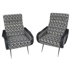 Pair Black & White Pattern Fabric Italian Mid Century Modern Lounge Chairs Mint