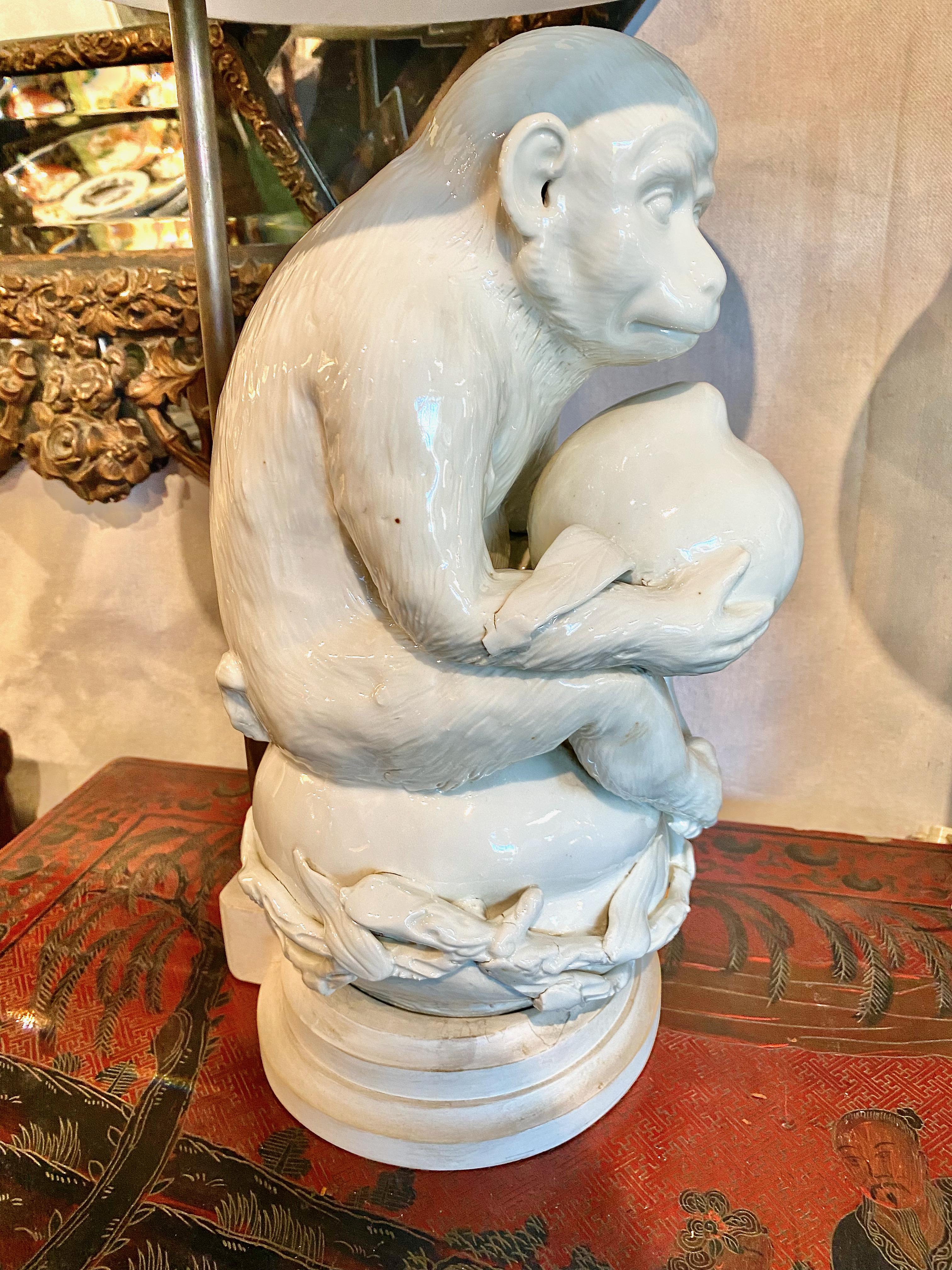 Pair Blanc de Chine Monkey Lamps In Good Condition For Sale In Pasadena, CA