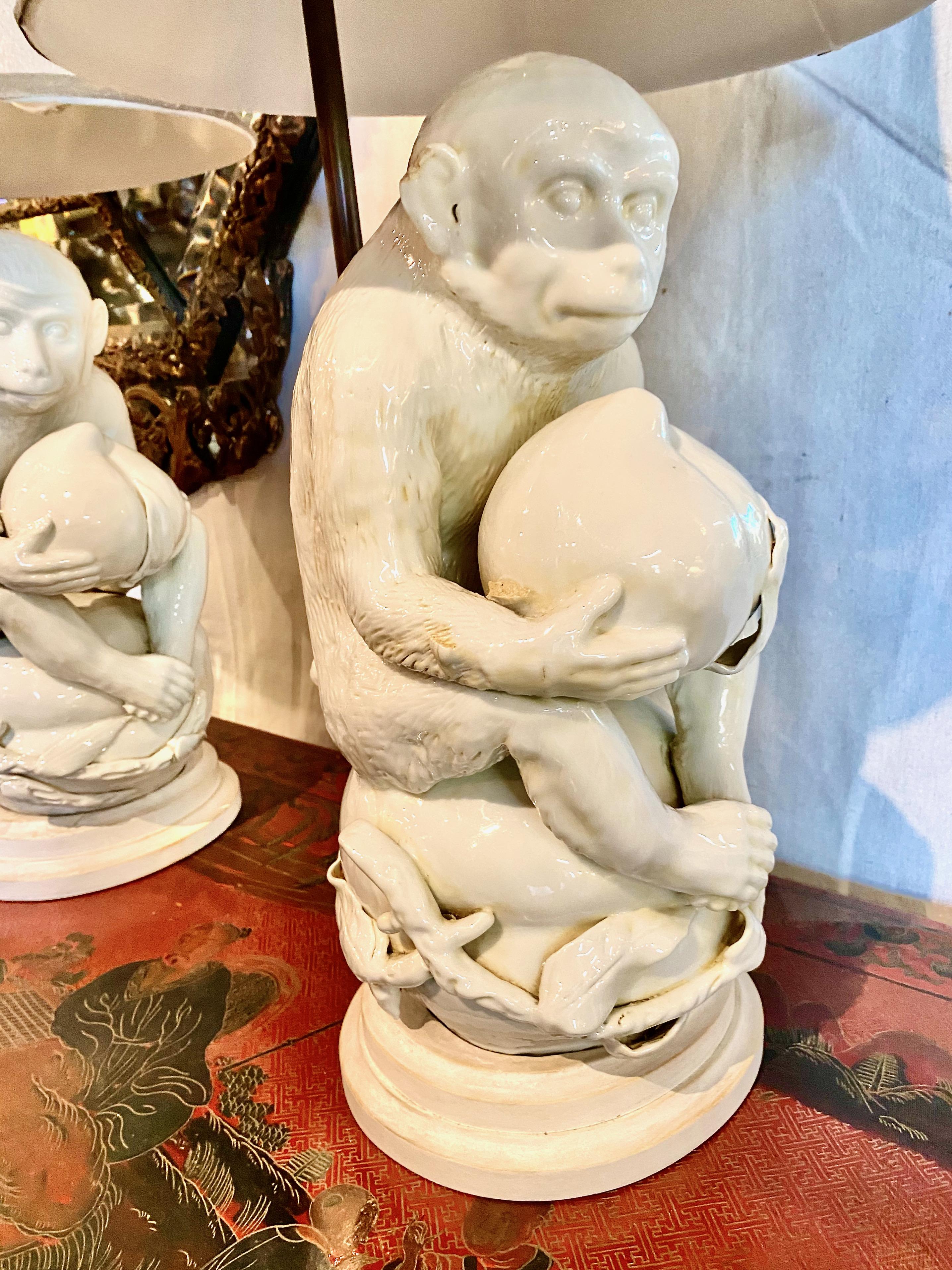 19th Century Pair Blanc de Chine Monkey Lamps For Sale