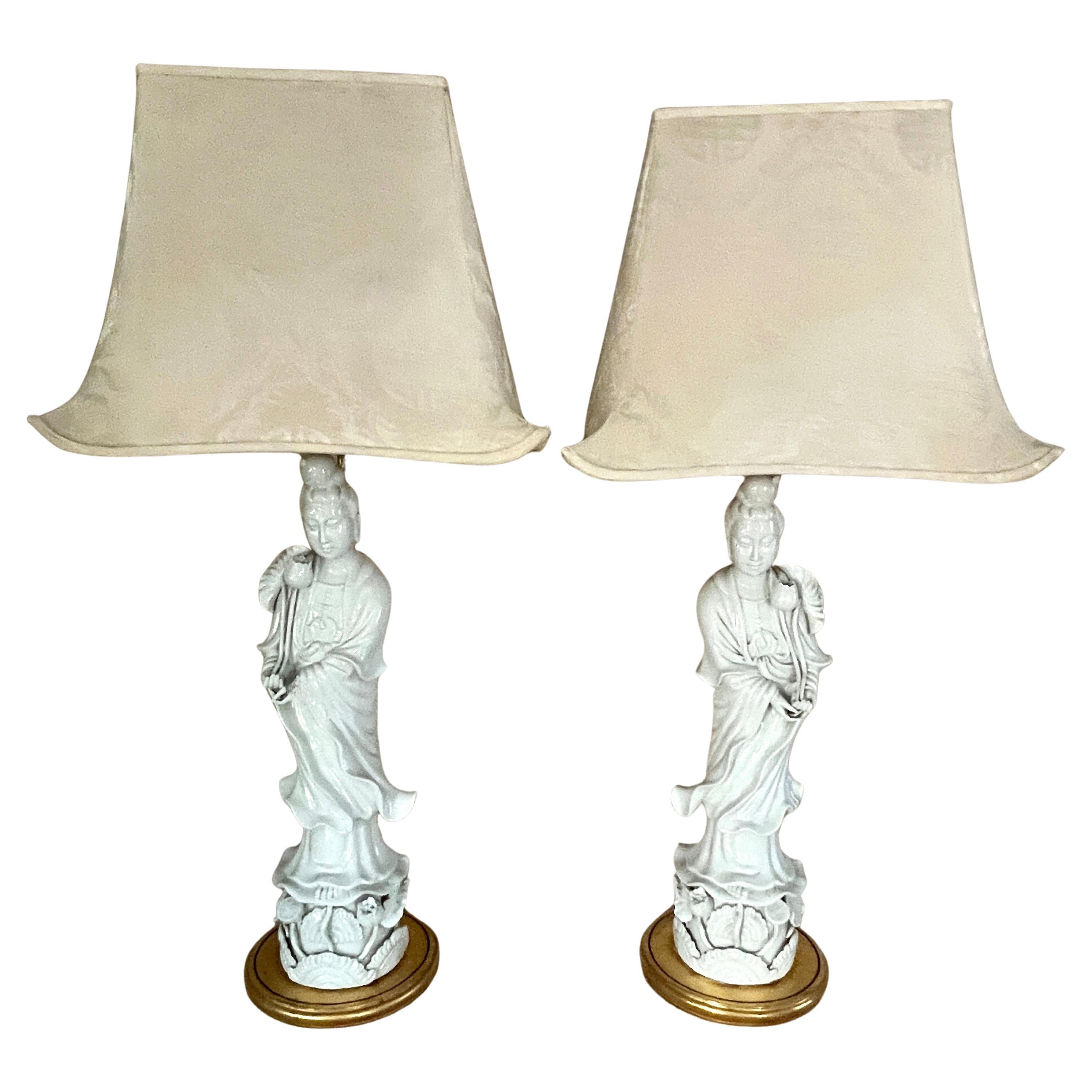 Pair Blanc de Chine Porcelain Quan Yin Lamps with Pagoda Shades