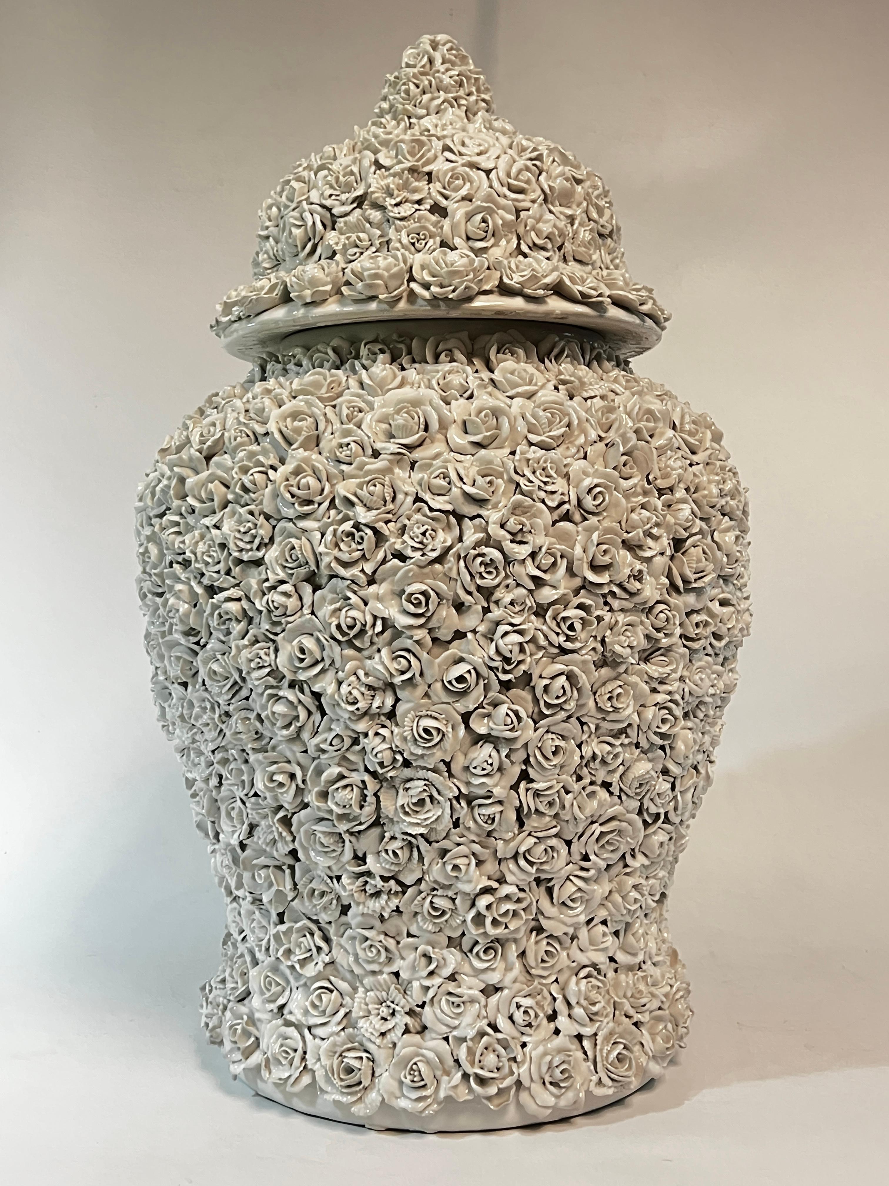 Glazed Pair Blanc de Chine Schneeballen Porcelain Vases with Covers