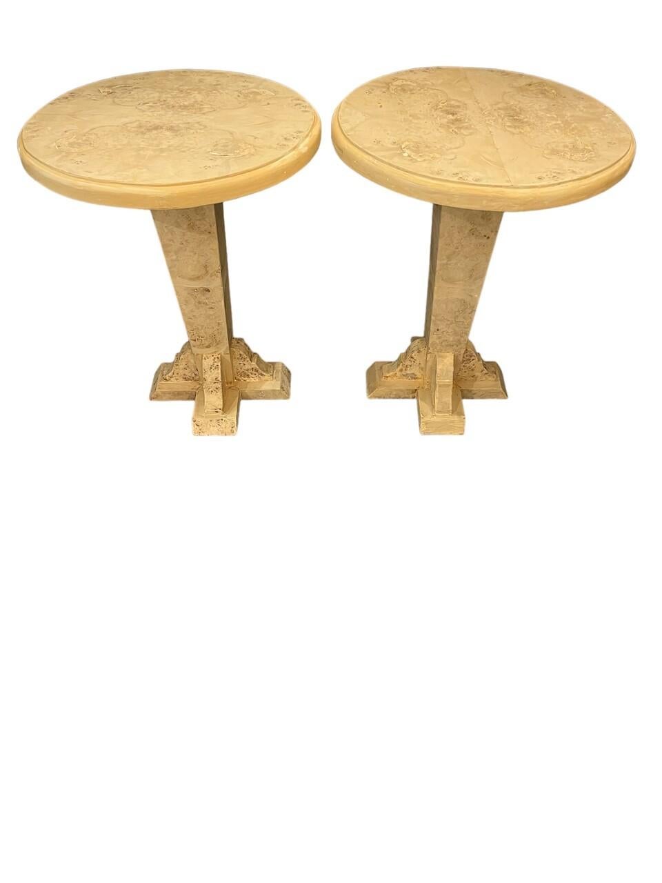 Pair of Book Matched Bleached Birds Eye Maple Burl Art Deco Style Side Tables
