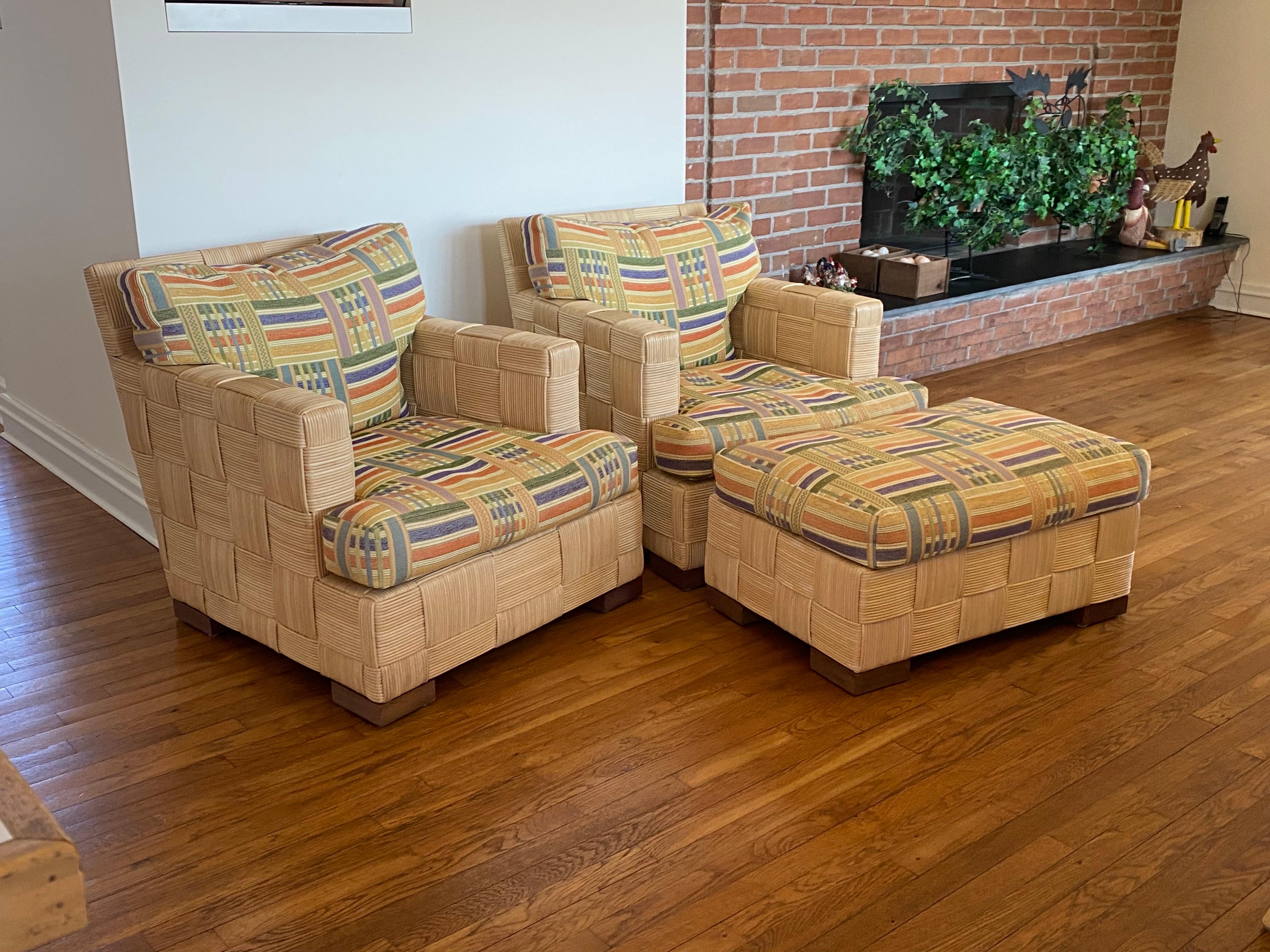 American Pair Block Island Cane Club Chairs & Ottoman by John Hutton for Donghia, 1990s For Sale