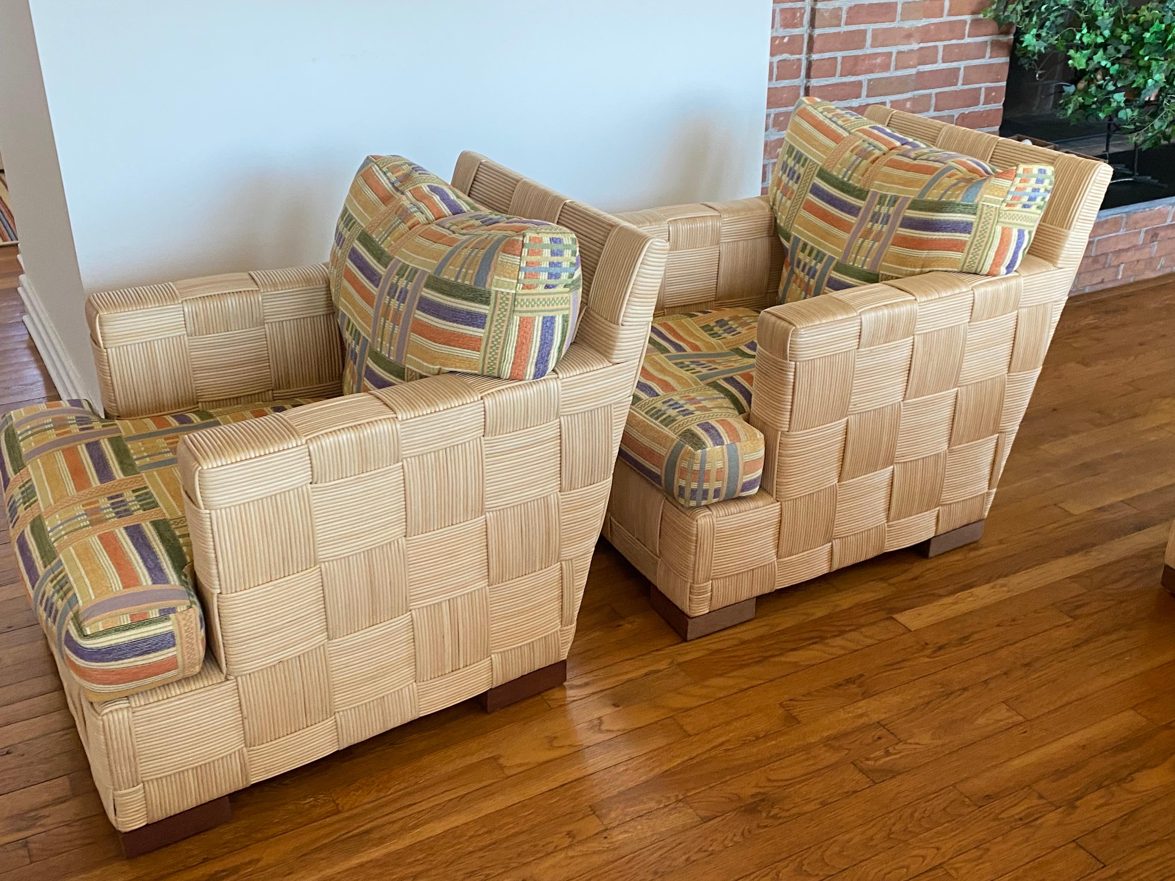 Pair Block Island Cane Club Chairs & Ottoman by John Hutton for Donghia, 1990s In Good Condition For Sale In Southampton, NY