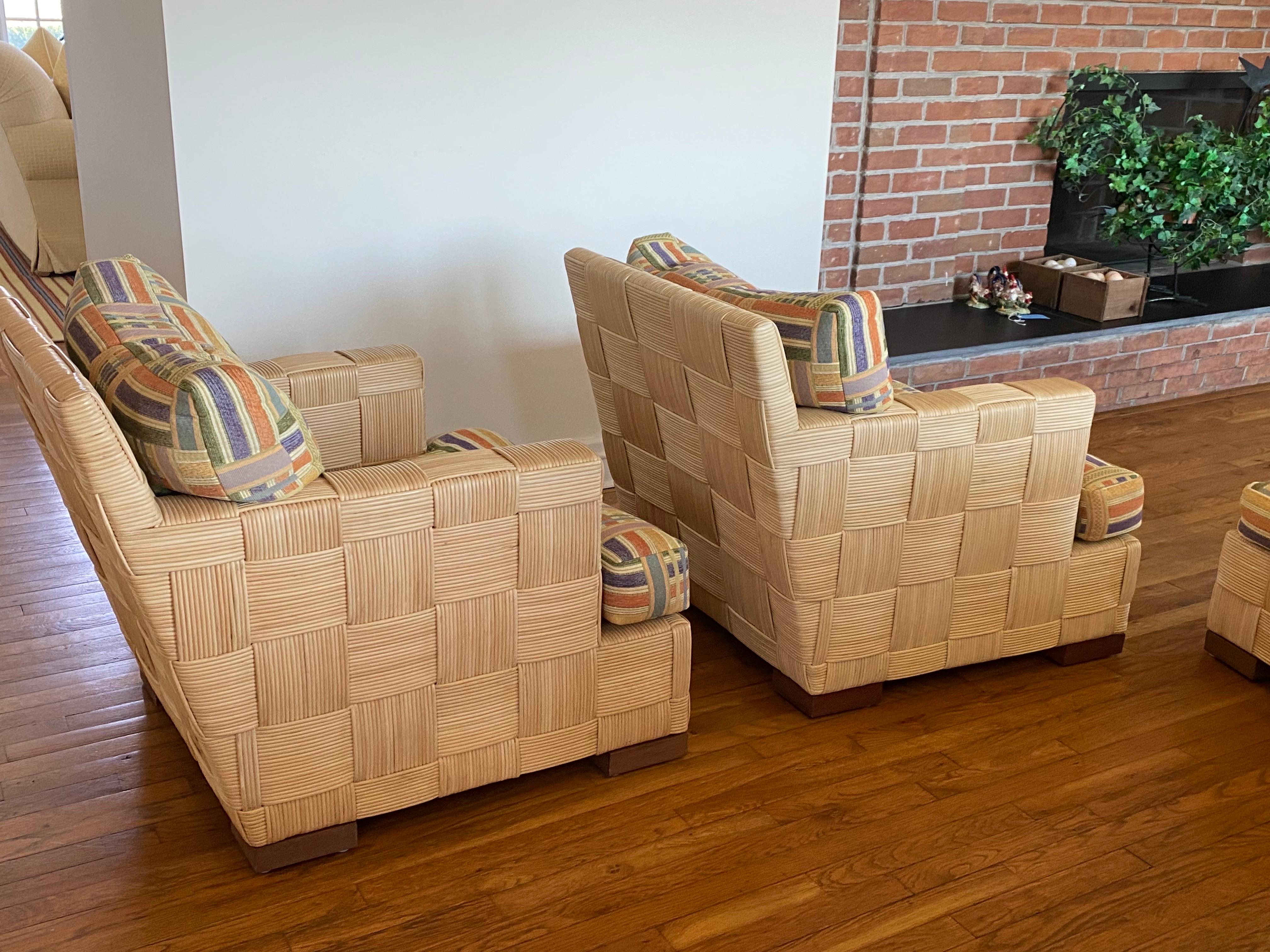 Fabric Pair Block Island Cane Club Chairs & Ottoman by John Hutton for Donghia, 1990s For Sale