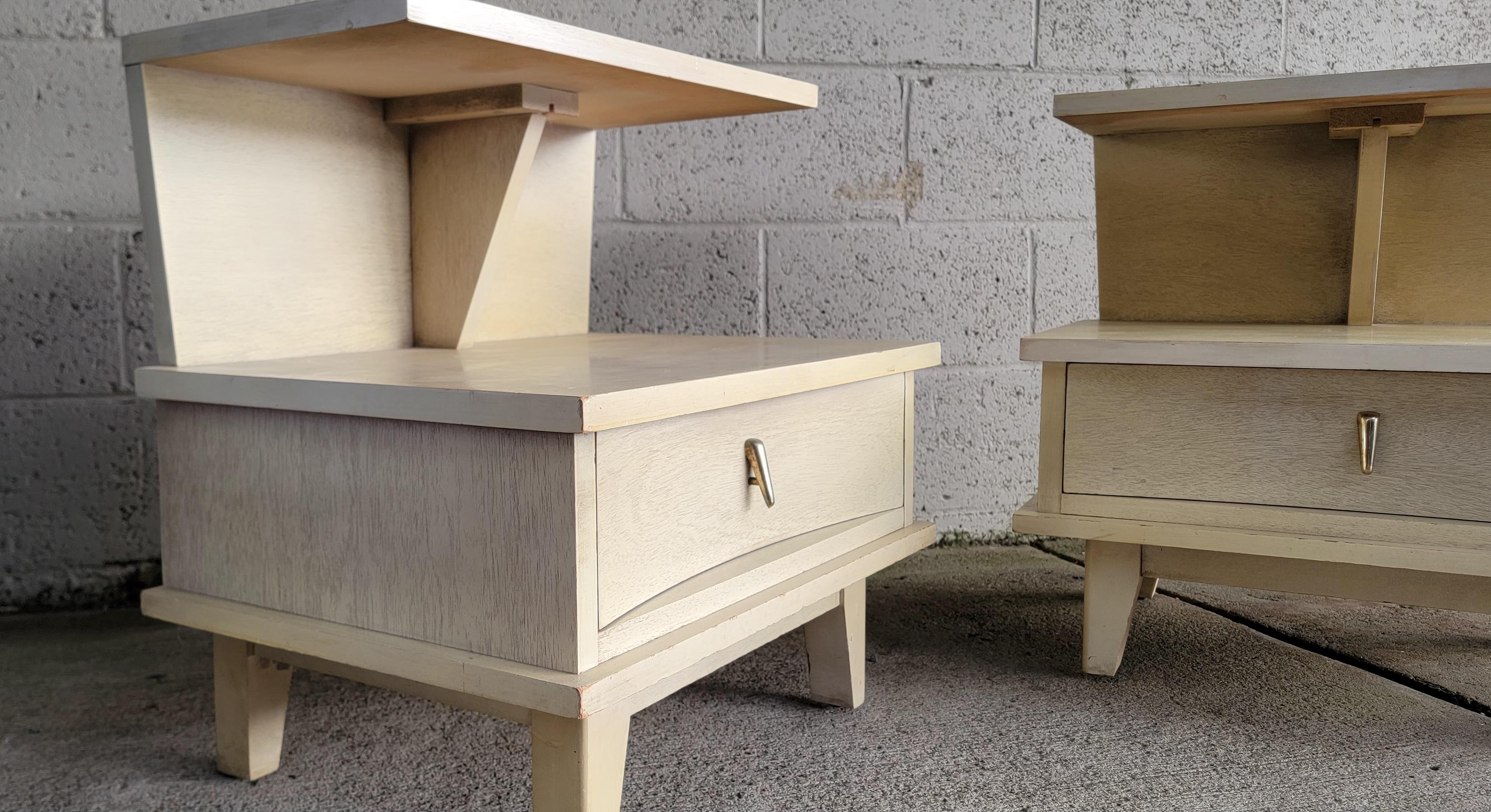 Pair Blonde / White Two Tier Nightstands by Dixie Furniture Co. 1950's 2